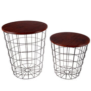 Nesting Side Tables Set of 2 with Wood Tops & Wire Baskets