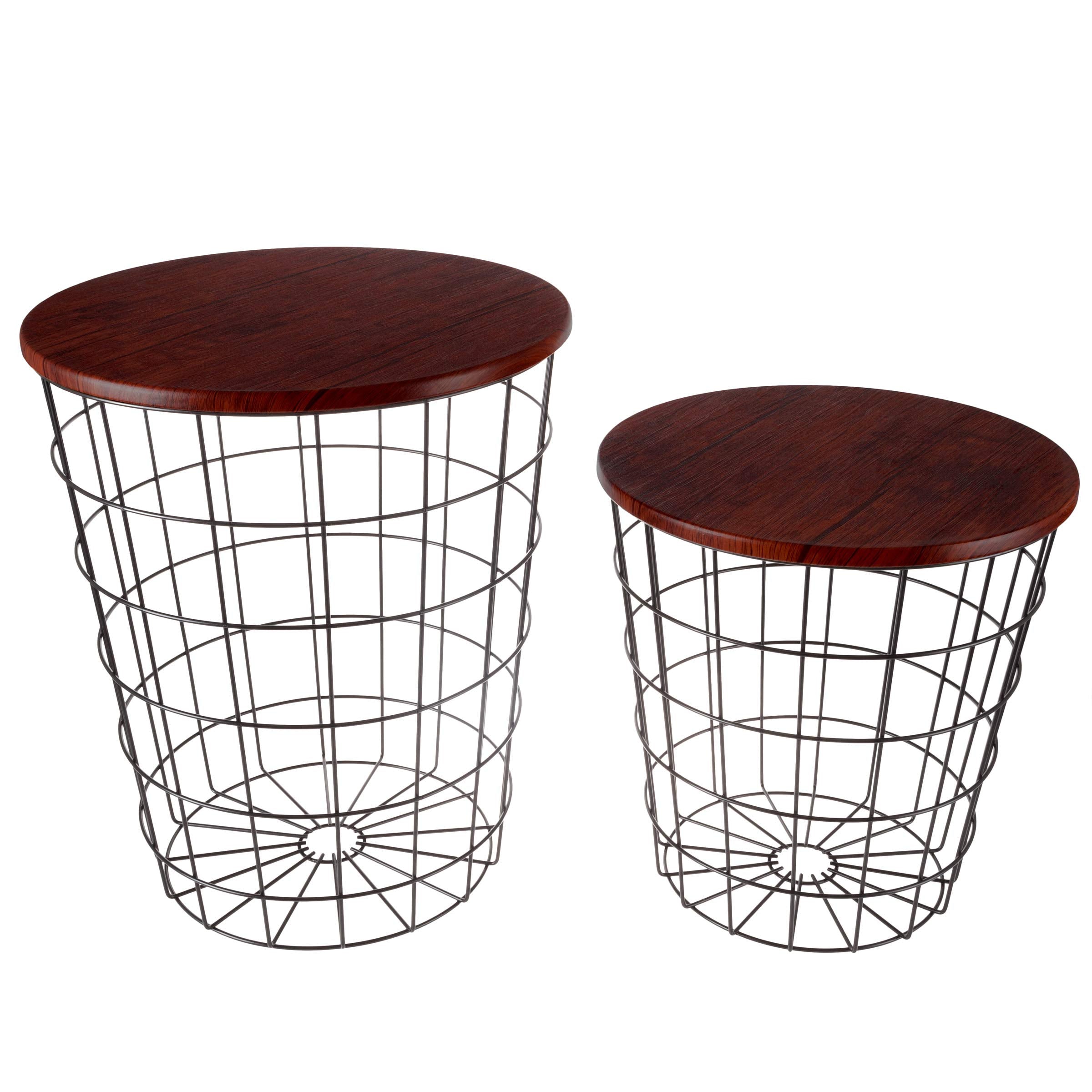 Nesting Side Tables Set of 2 with Wood Tops & Wire Baskets