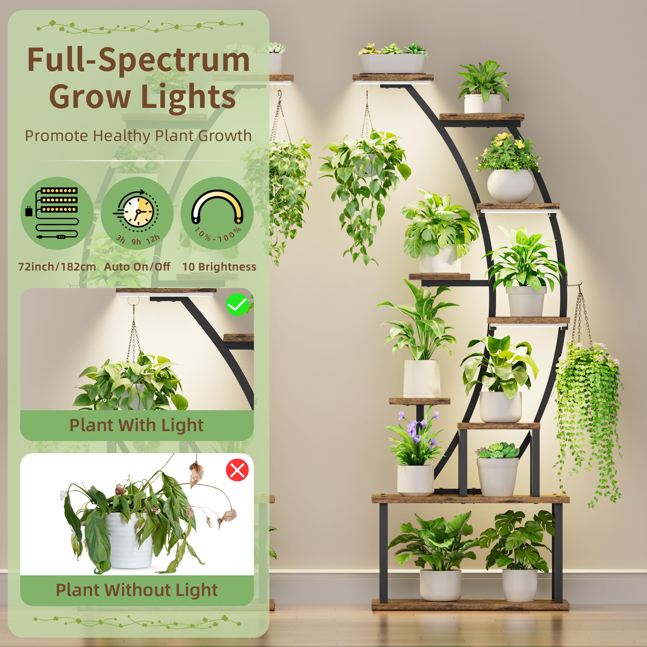 9-Tier Plant Stand with Grow Lights, 64" Tall