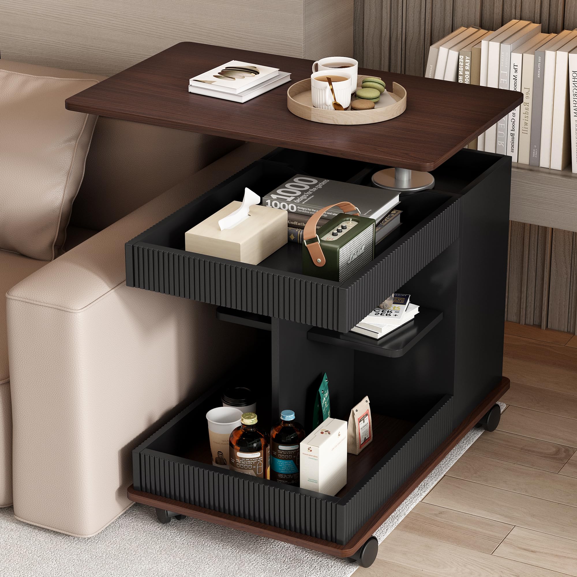 Merax Adjustable End Table with Wheels, Modern Multifunctional Sofa Side Table with Lift-Top, 360°Rotating Top and Storage Space for Living Room, Small Space, Black+Brown