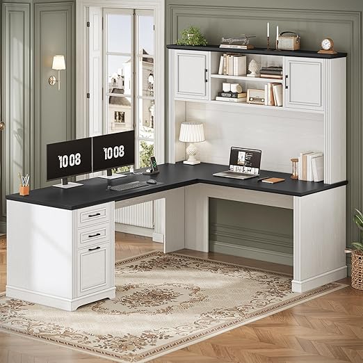 L-Shaped Desk with Hutch, Drawers & Power Outlets – 68.9" Corner Office Desk