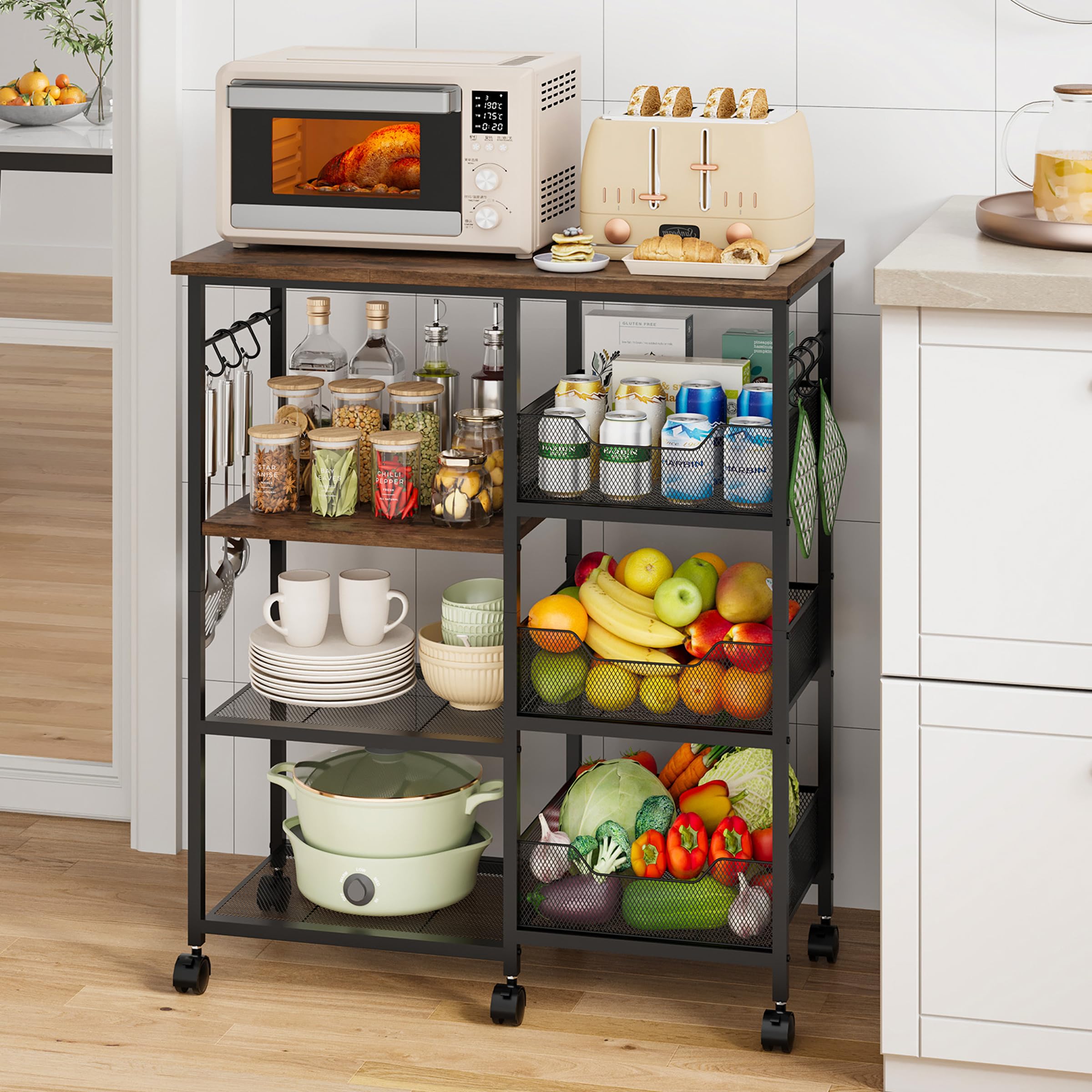 HapiRm Rolling Kitchen Carts with Storage - Microwave Table Stand with 6 Hooks & 3 Baskets, kitchen Island Cart on Lockable Wheels, 28.3" L × 14.6" W Bakers Rack Cart for Dining Room Coffee Bar Office