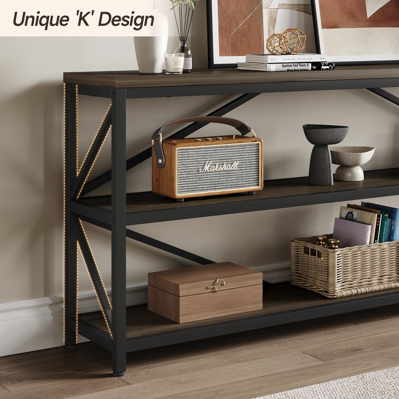 ONBRILL Industrial Console Sofa Table,70.8 Inch Extra Long Entryway Table with 3 Tier Wood Storage Shelf for Living Room, Hallway, Entrance, Narrow Sofa Table with Metal Frame, Black and Brown