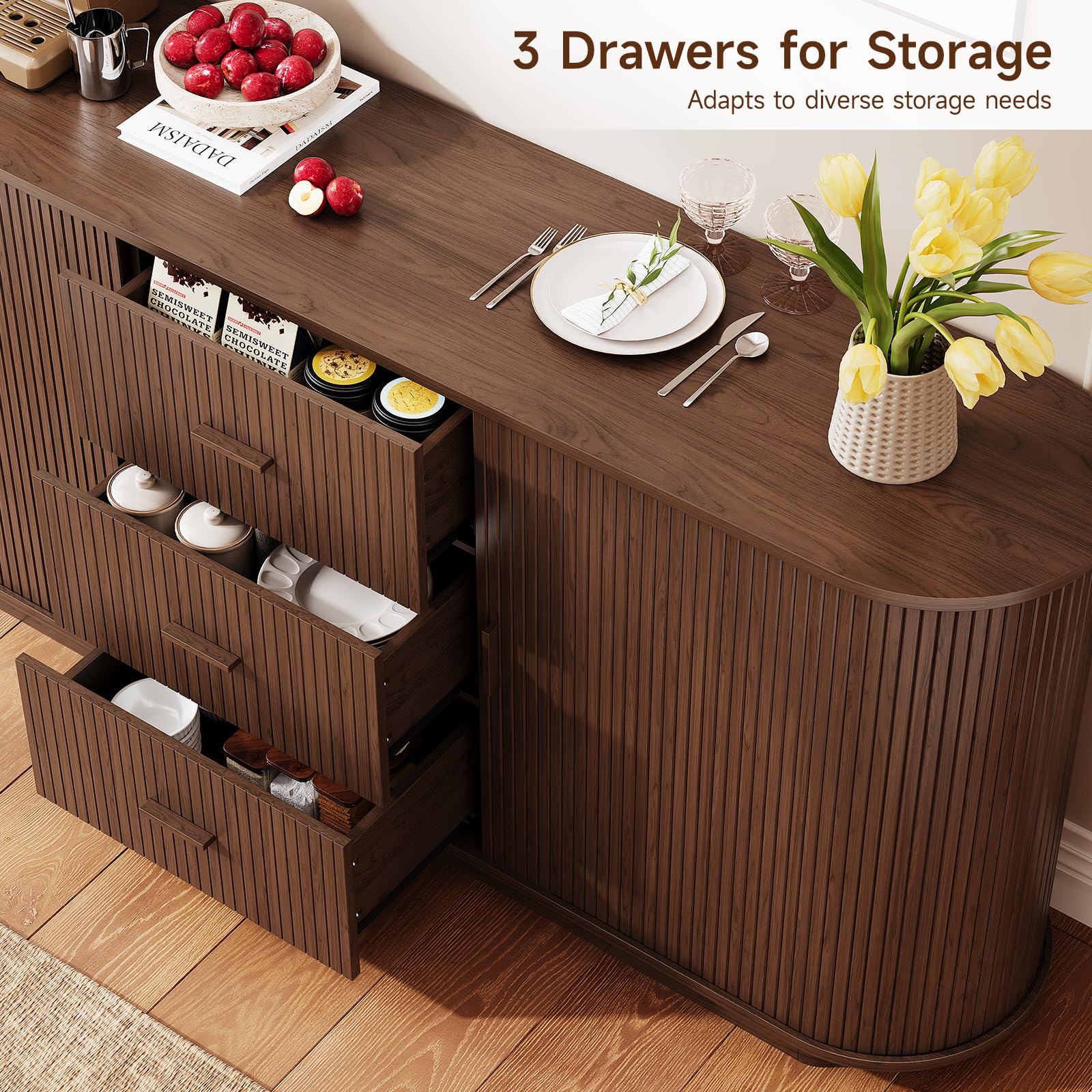 63" Fluted Sideboard Buffet Cabinet with 3 Drawers & 2 Sliding Doors