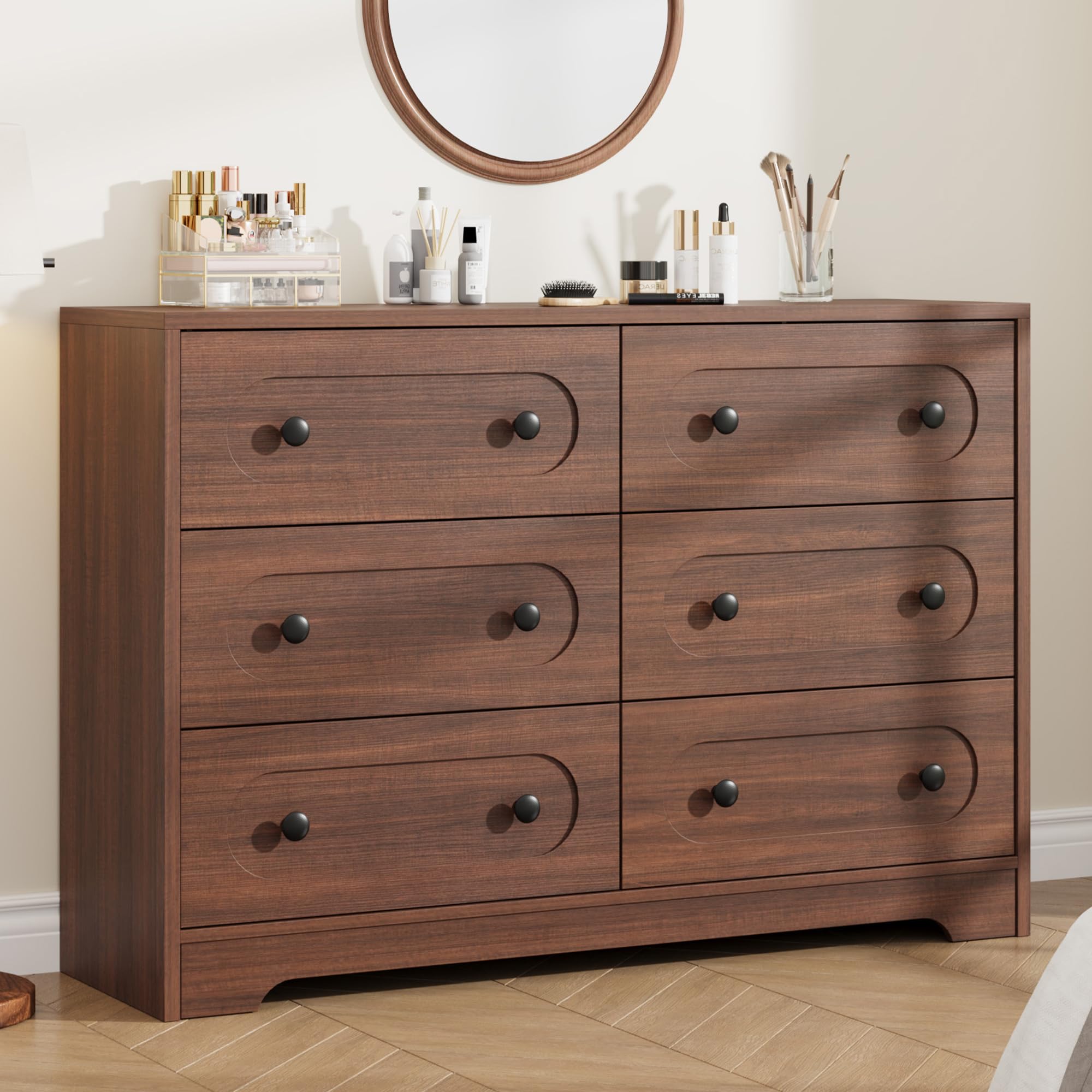Garvee 6 Drawer Dresser for Bedroom, 47" Wide Large Dresser with Deep Drawers & Metal Knobs, Wooden Mid Century Modern Chest of Drawers for Living Room, Entryway, Hallway, Walnut