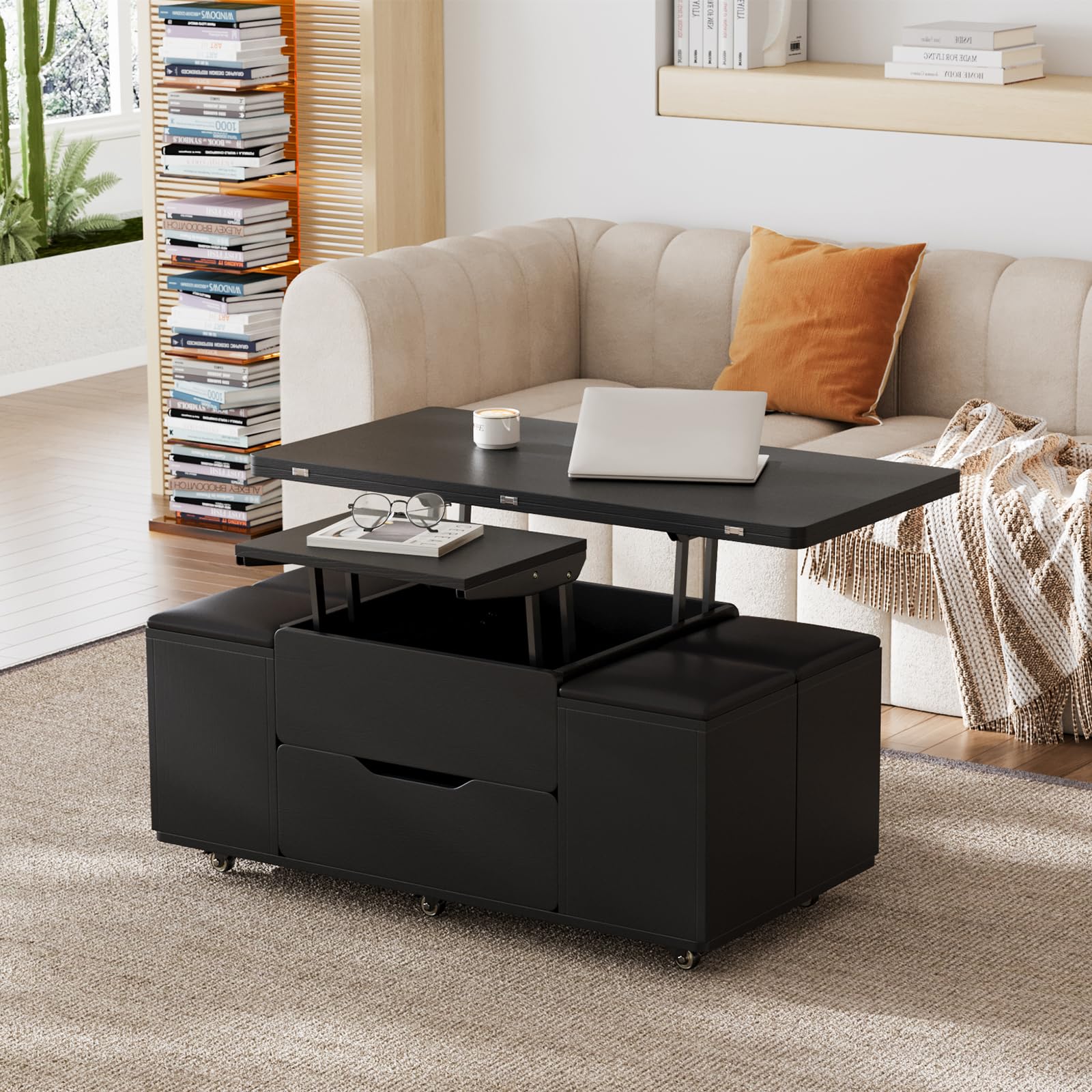 homary Coffee Table with Stools, Black 3-in-1 Modern Lift-Top Folding Center Table with Hidden Storage, Casters, and Lockable Wheels ¨C Convertible Dining & Office Table for Living Room