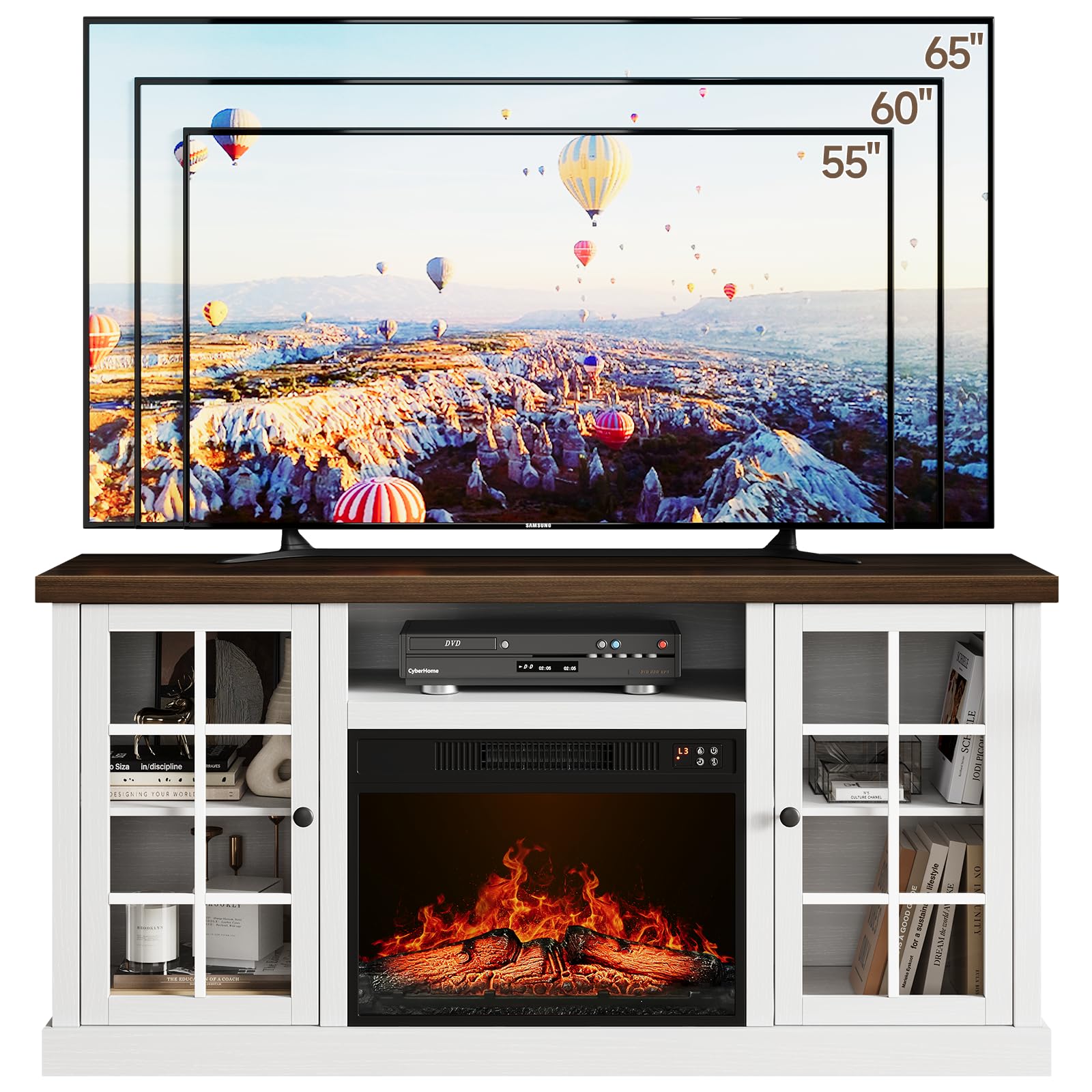 59" Fireplace TV Stand with Electric Fireplace & Glass Doors