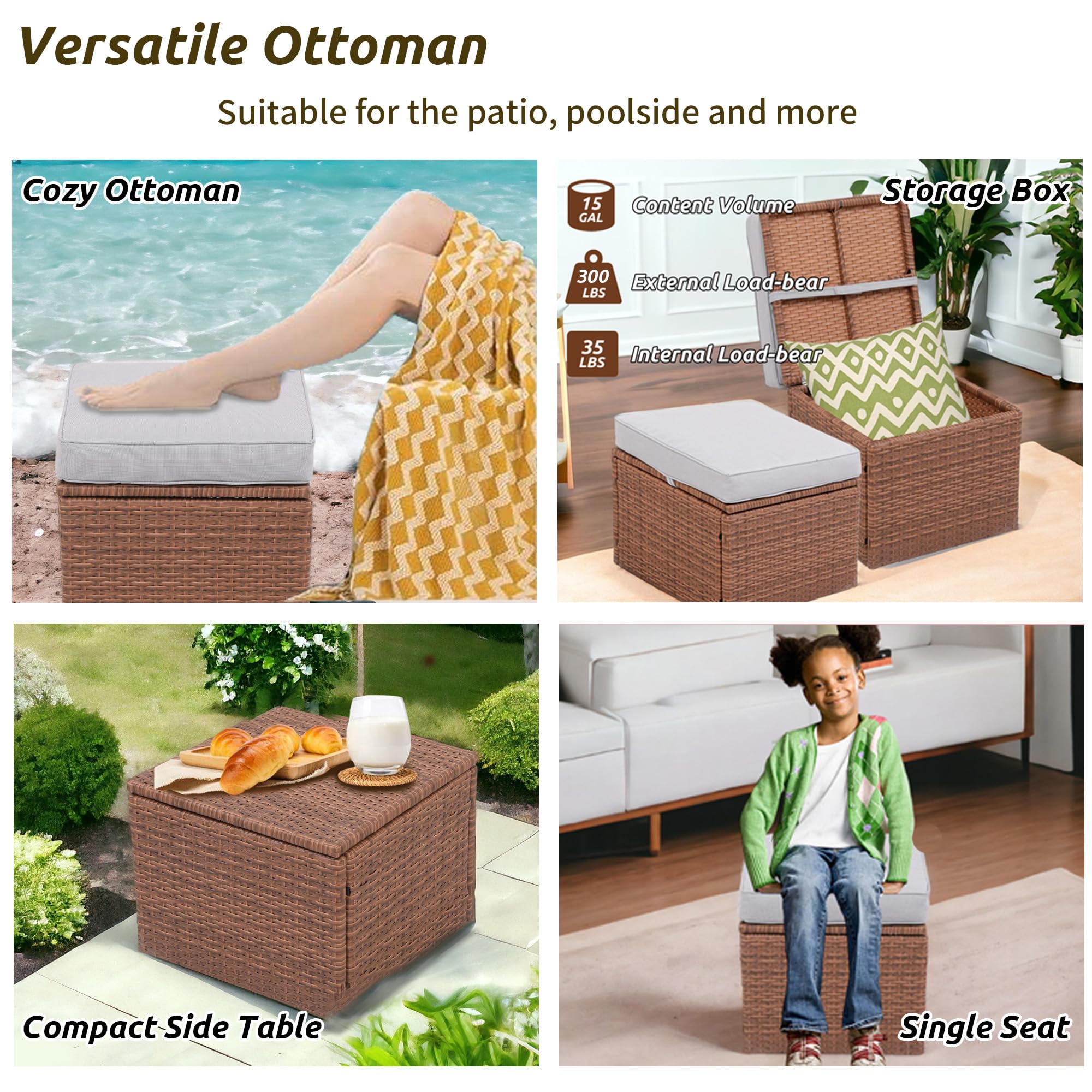 Outdoor Wicker Ottoman Set with Cushions