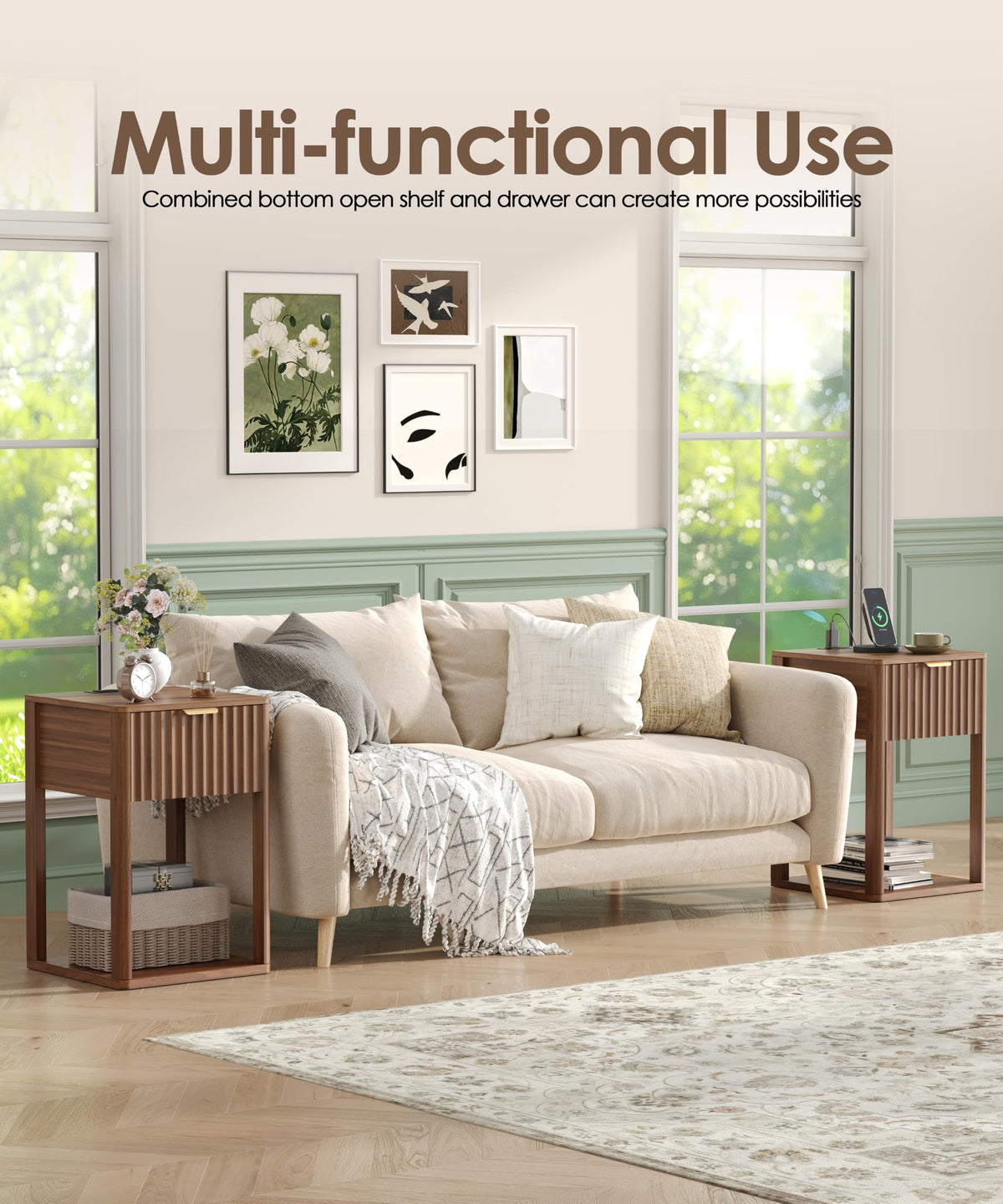 Akxomel Nightstand Set 2 with Charging Station Fluted Bedside Table Walnut