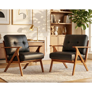 Black Leather Mid Century Curved Arm Chairs Set of 2 with Solid Wood Frame