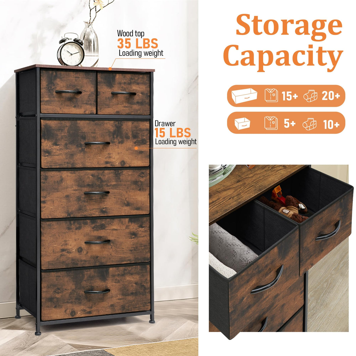 VredHom Tall Dresser for Bedroom, Fabric Storage Tower with 6 Drawers