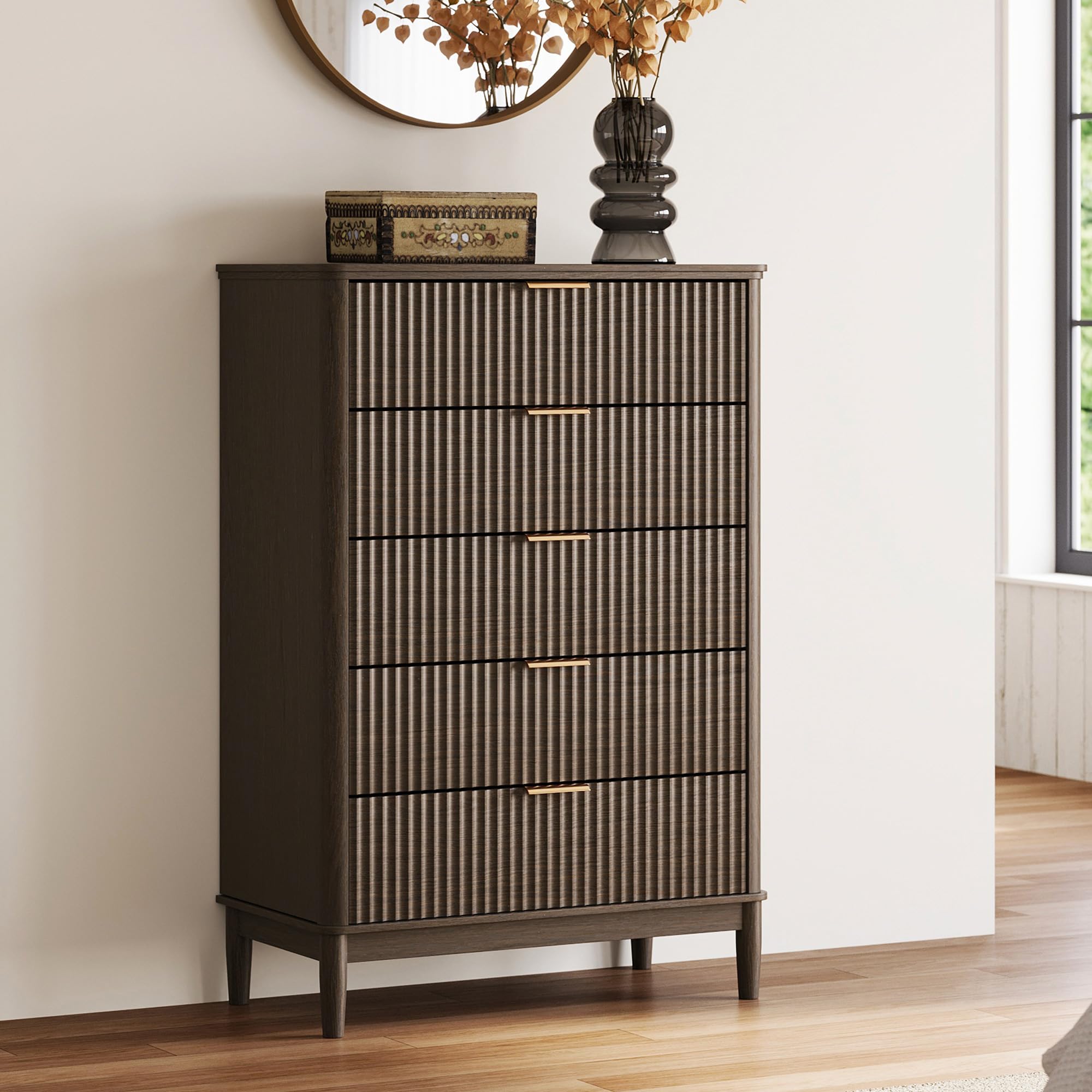 LINSY HOME Fluted Dresser for Bedroom with 5 Drawers, 46" Tall Mid Century Modern Dressers, Wide Boho Chest of Drawer, Large Wood Accent Storage Cabinet for Living Room, Curved Profile Design, Walnut