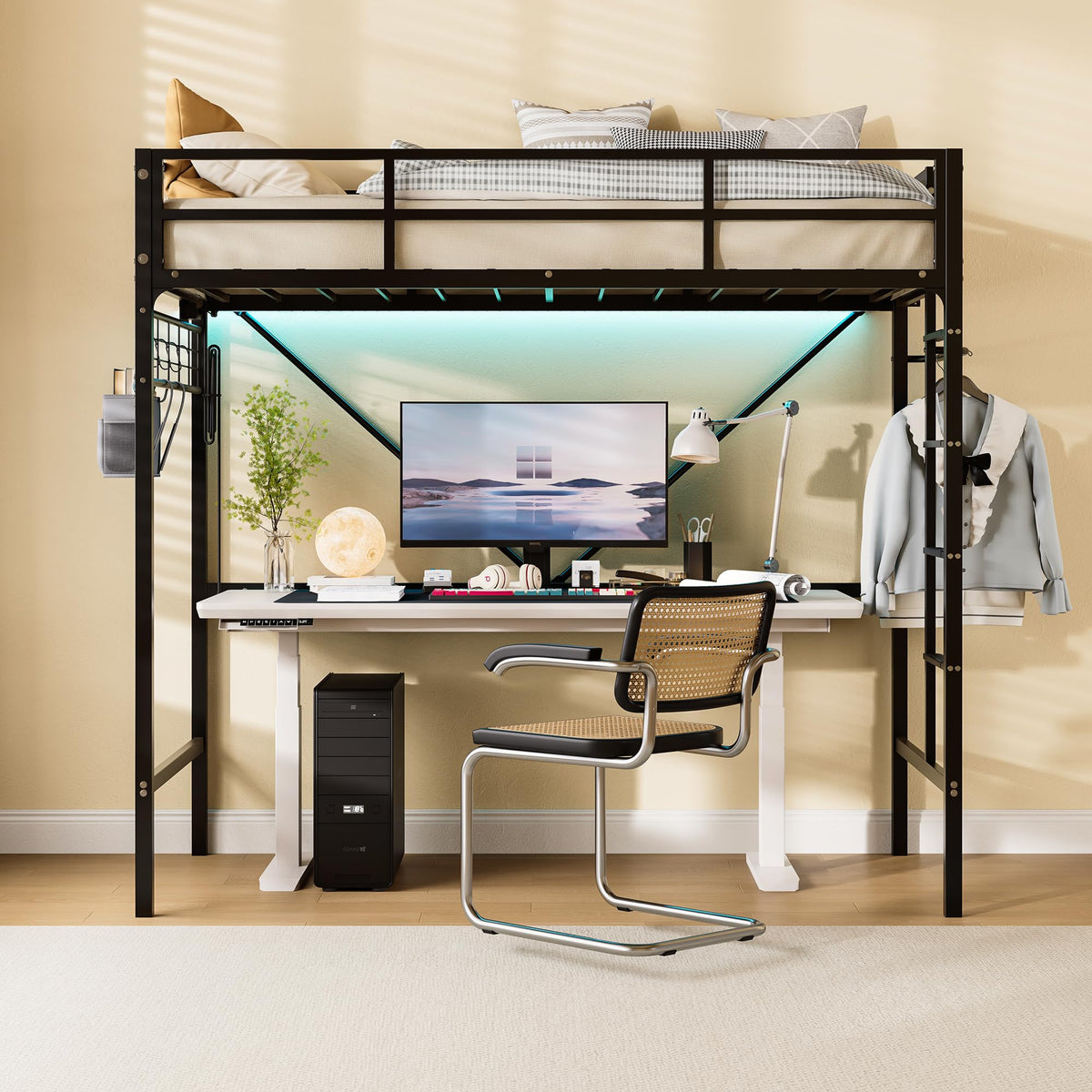 Twin Metal Loft Bed with LED Lights