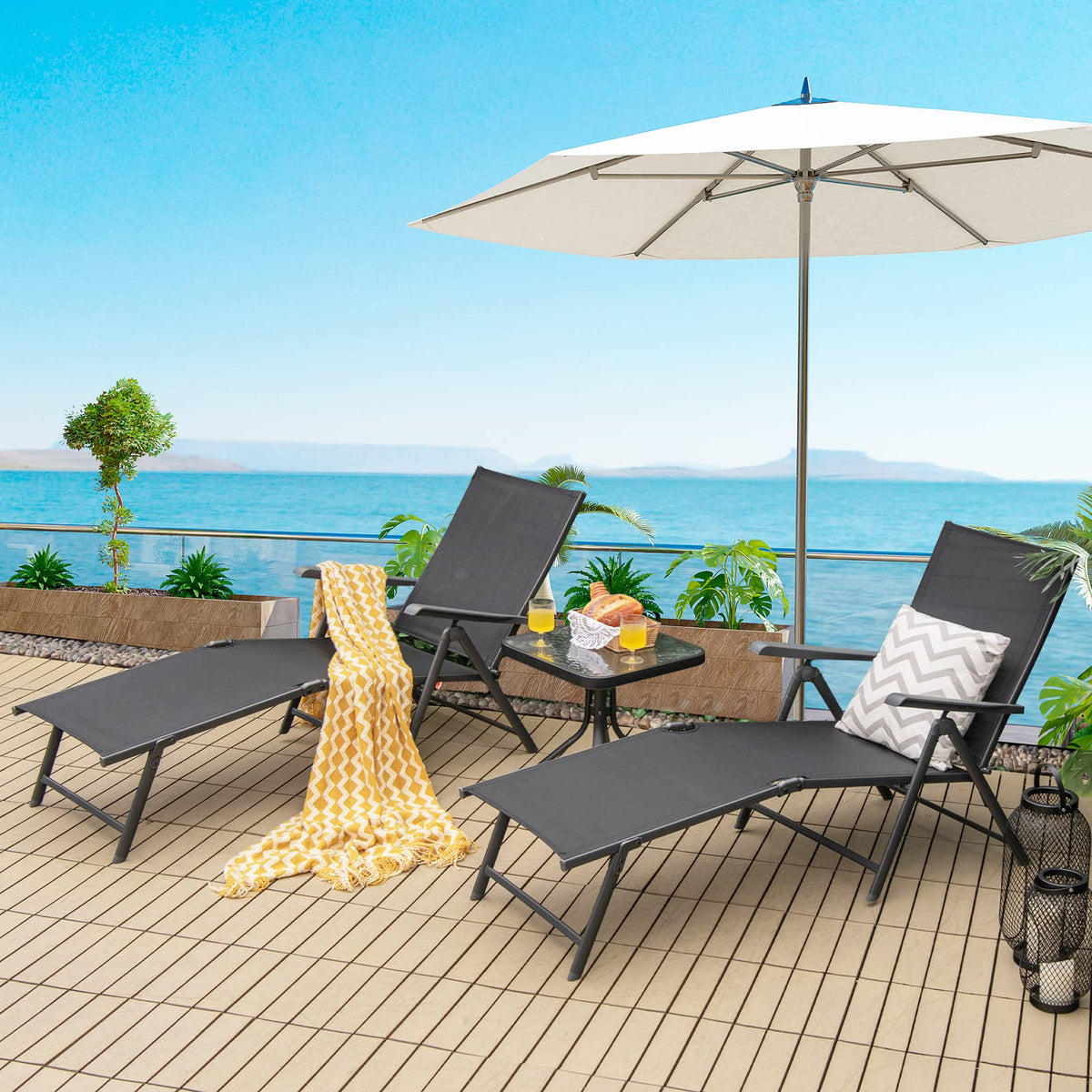 COSTWAY Folding Chaise Lounge, Lightweight & Breathable Fabric