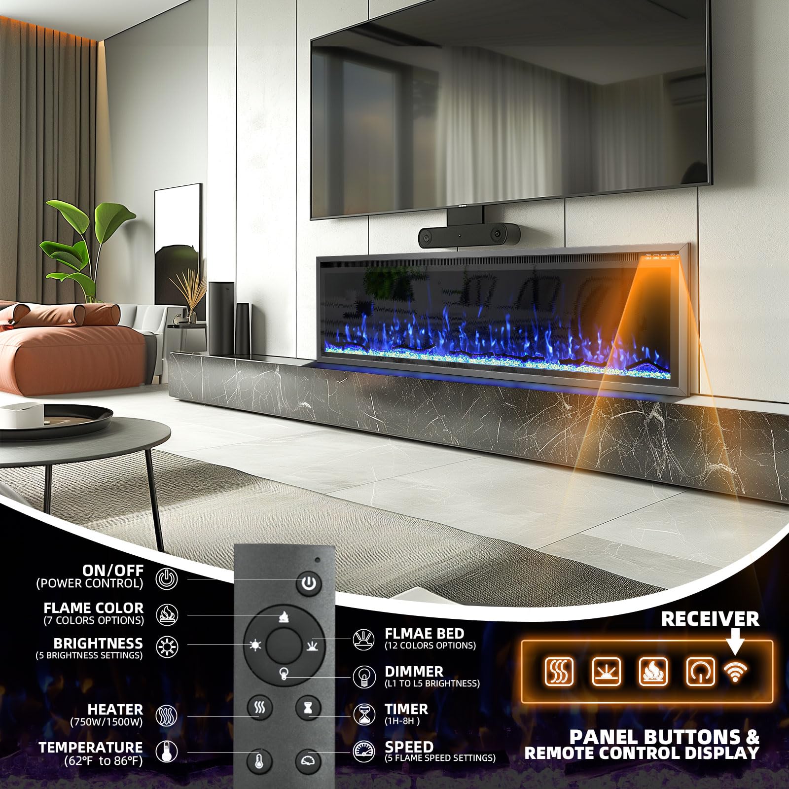 Wall-Mount Electric Fireplace with Remote Control