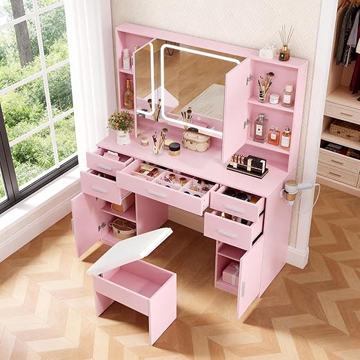 Makeup Vanity Set with Tri-Fold Mirror, Lights & Storage Stool