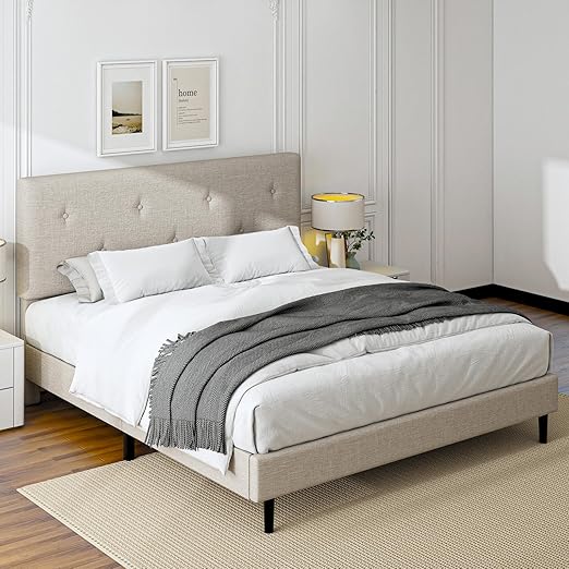 Linen Upholstered Platform Bed Frame with Adjustable Headboard & Wooden Slats