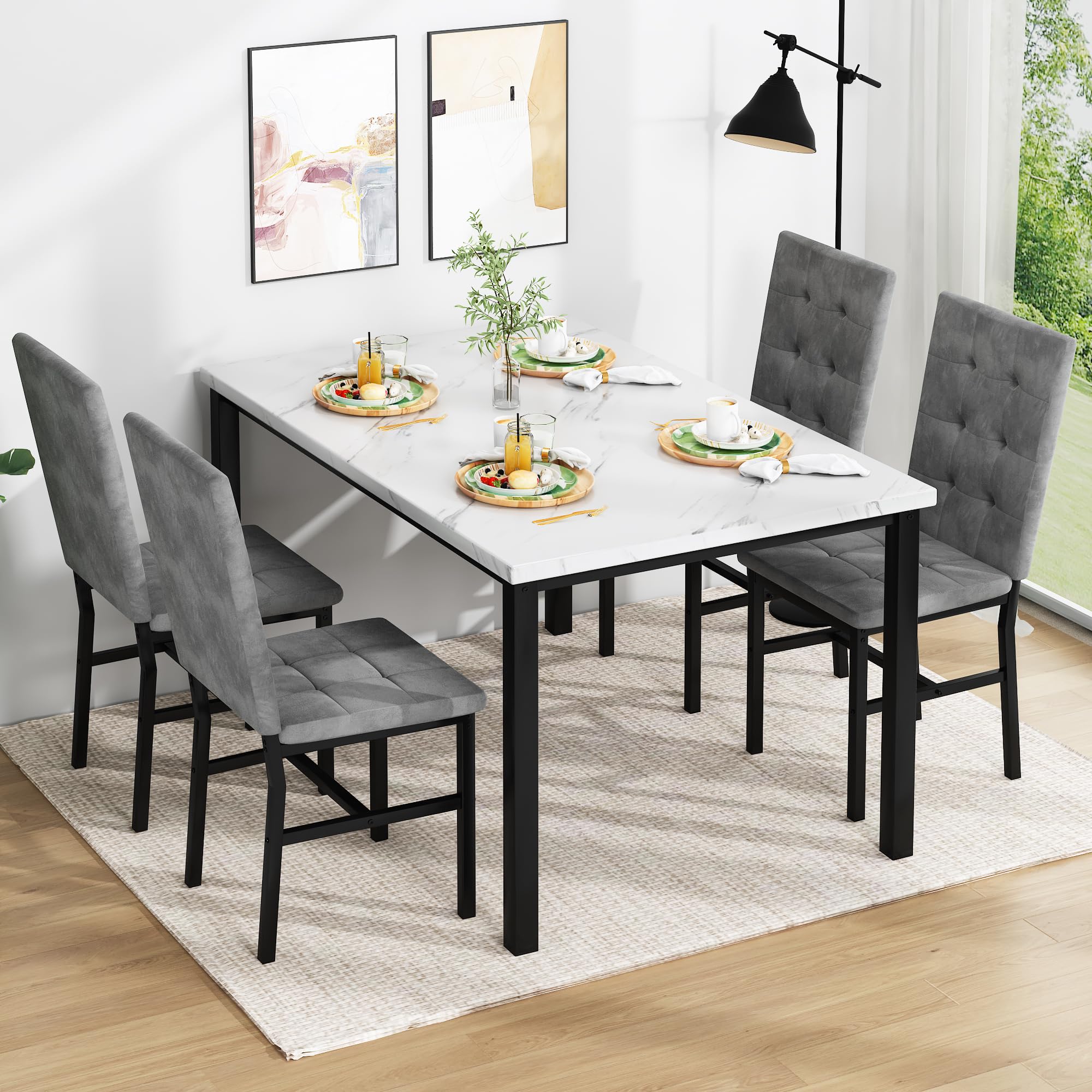 4-Piece Faux Marble Dining Table Set with Velvet Chairs