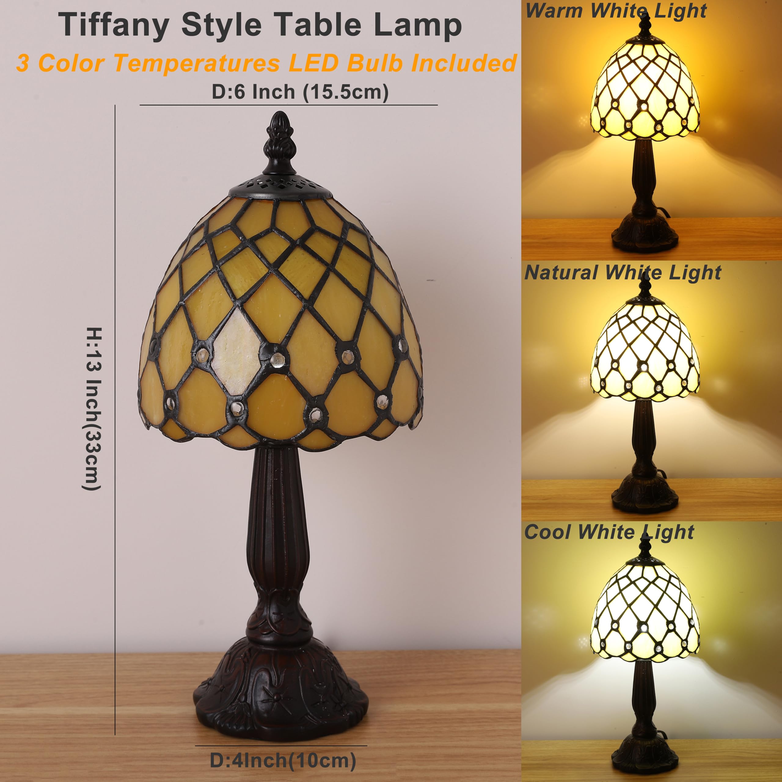 KALOUFUL Small Tiffany Style Table Lamp,3 Color Temperature Beads Light Gold Stained Glass Table Lamps for Living Dining Room,Bedroom,Bedside Nightstand Night Light+LED E12 Bulb,6X6X13Inch