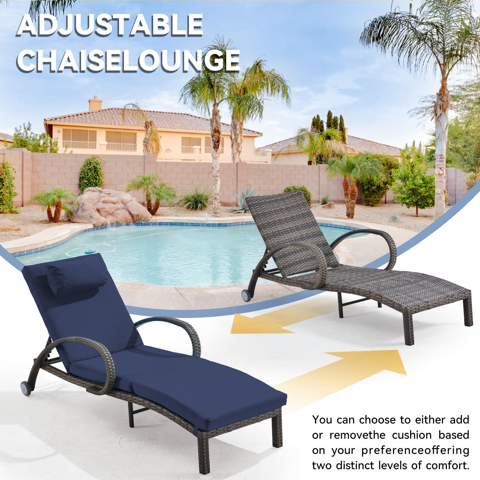 Outdoor Wicker Chaise Lounge Set of 2 with Adjustable Backrest & Wheels
