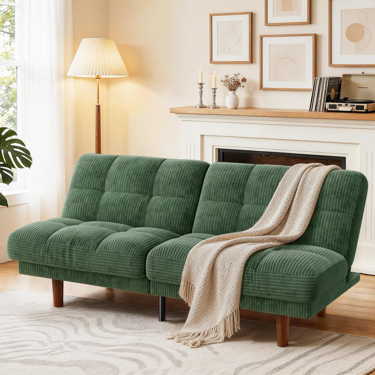 Marsail 70" Futon Sofa Bed, Convertible Small Recliner Sleeper Sofa Bed with Adjustable Backrest, Corduroy Loveseat Futon Couch for Small Apartments, Living Room Office, Guest Room (Green)