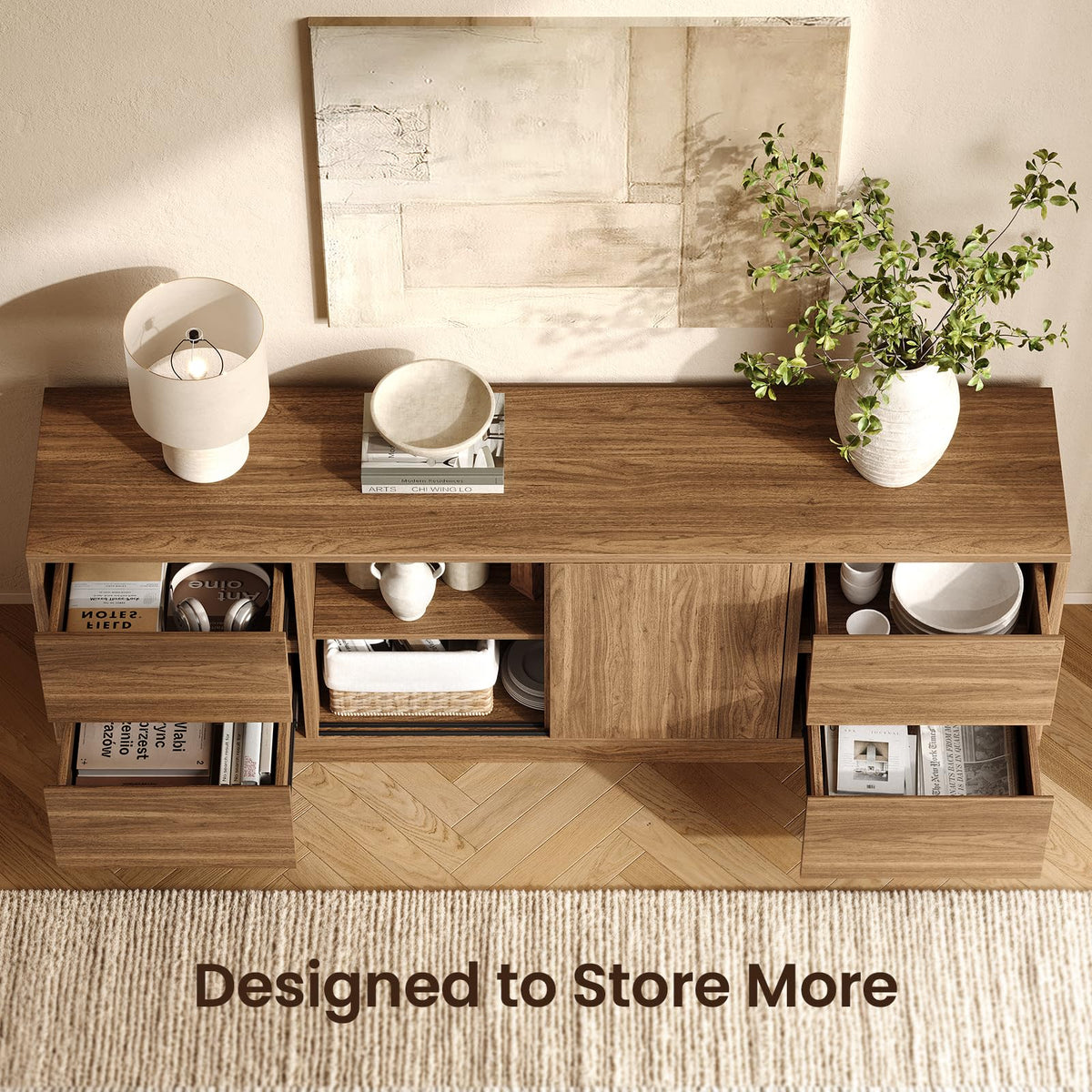 ModernMate 70'' TV Stand for TVs Up to 75'', Wood Entertainment Center with Sliding Doors and Drawers, Television Console Storage Cabinet with Adjustable Shelf for Living Room, Bedroom, Walnut