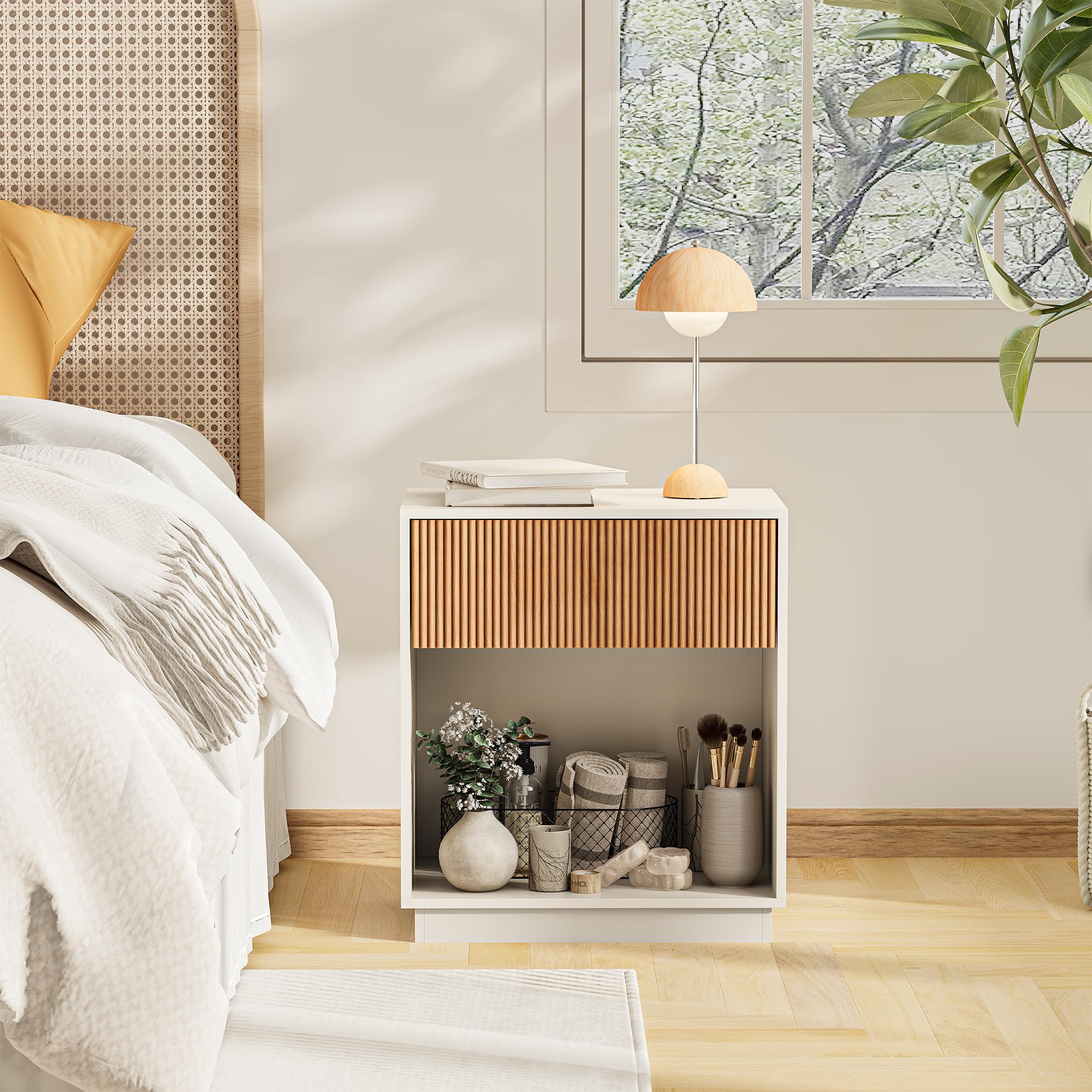 Fluted Nightstand Set of 2 with Drawer & Storage Shelf