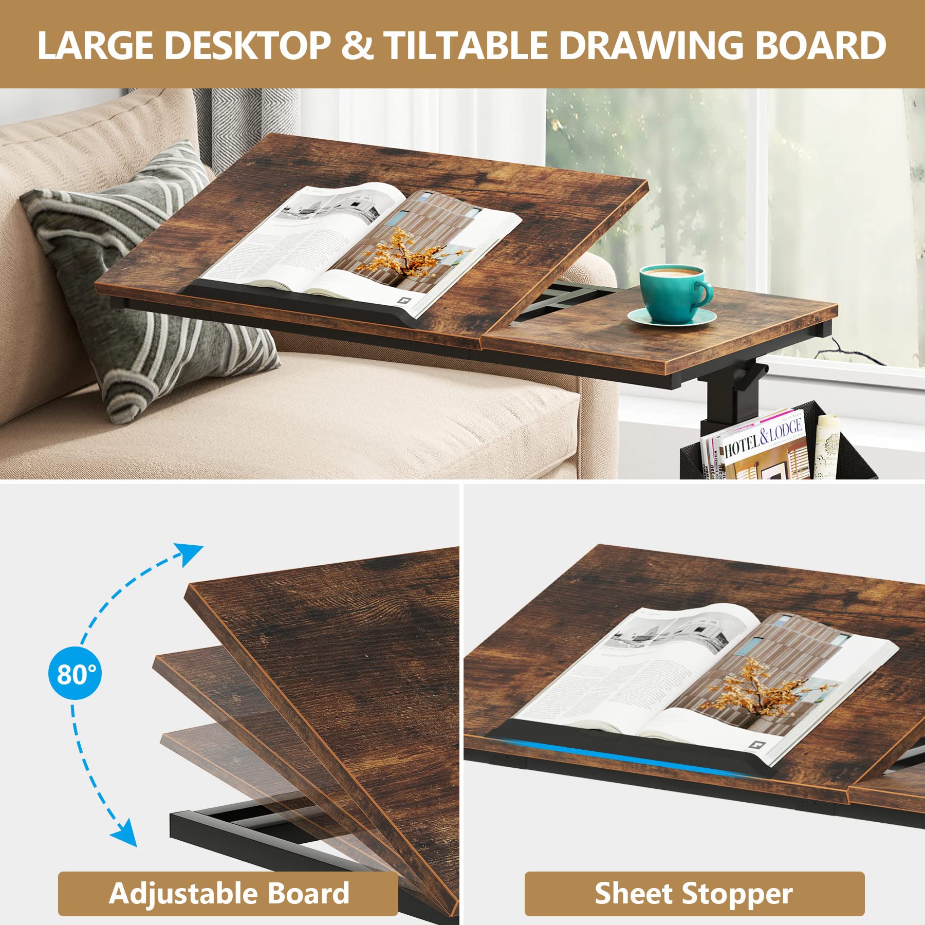 Height Adjustable C-Shaped End Table with Wheels