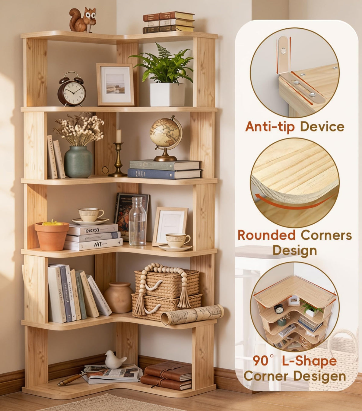 5-Tier Pine Corner Bookshelf