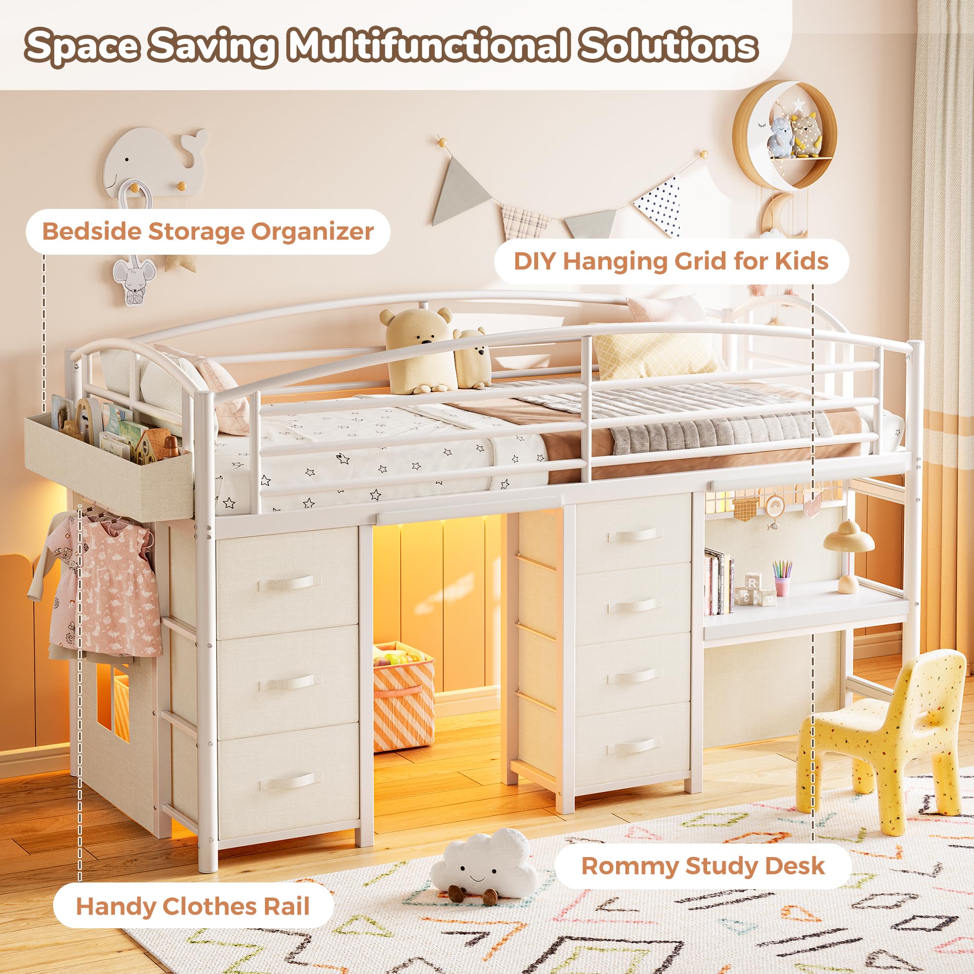 Kids Twin Low Loft Bed with Storage Drawers, Desk & LED Lights