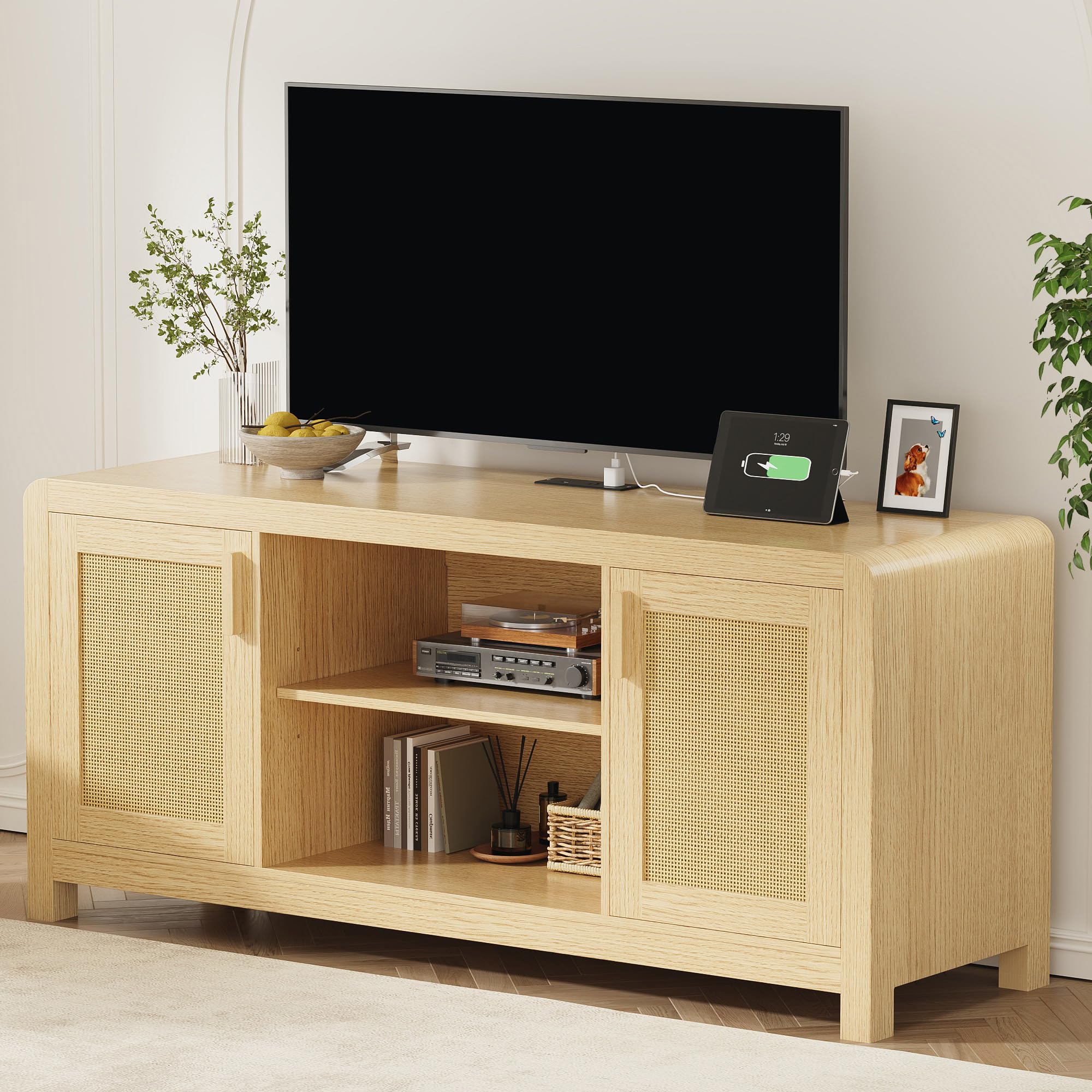 TV Stand with Power Outlet & Rattan Doors – Fits TVs up to 65"