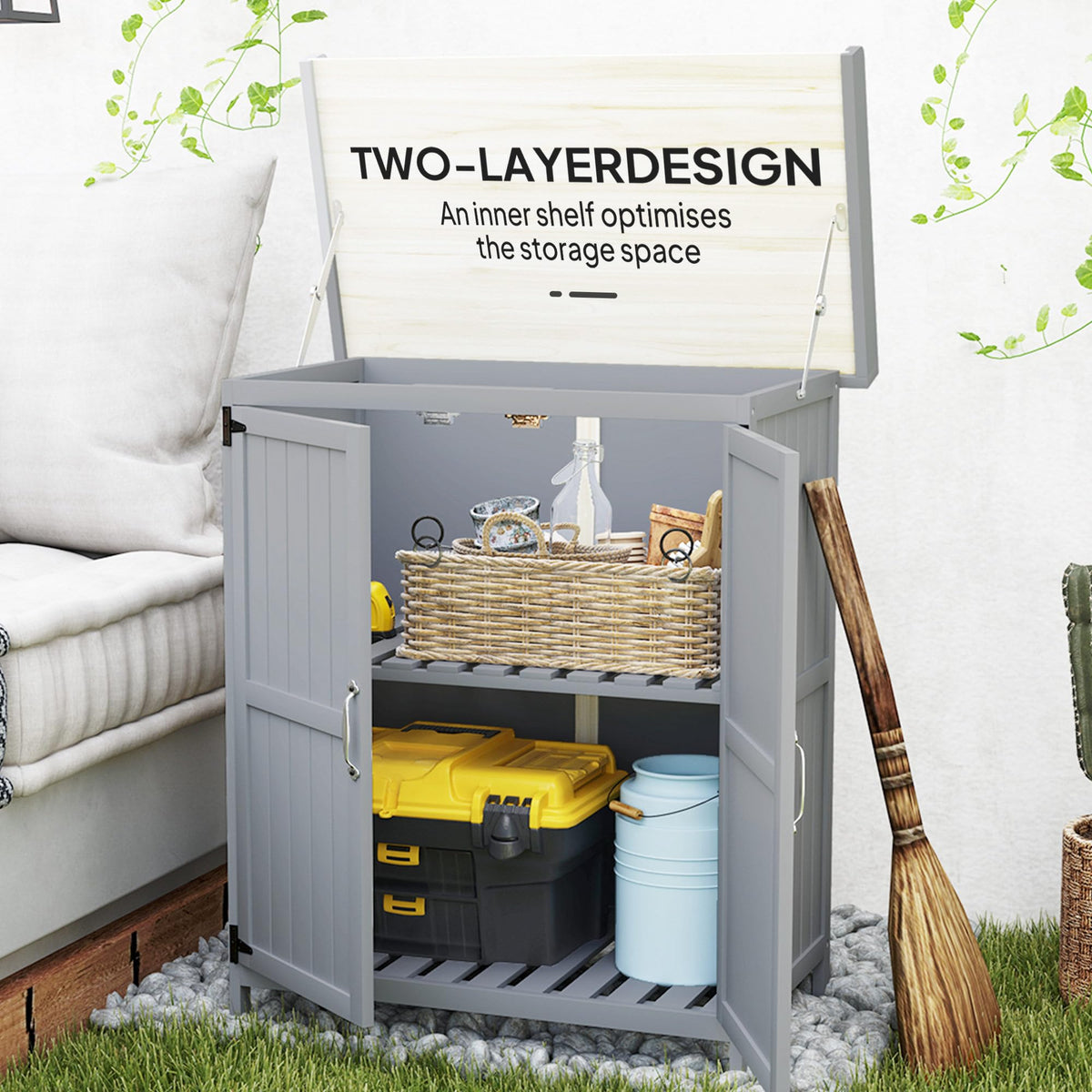 Outsunny Outdoor Storage Cabinet with Metal Tabletop Shelf Gray