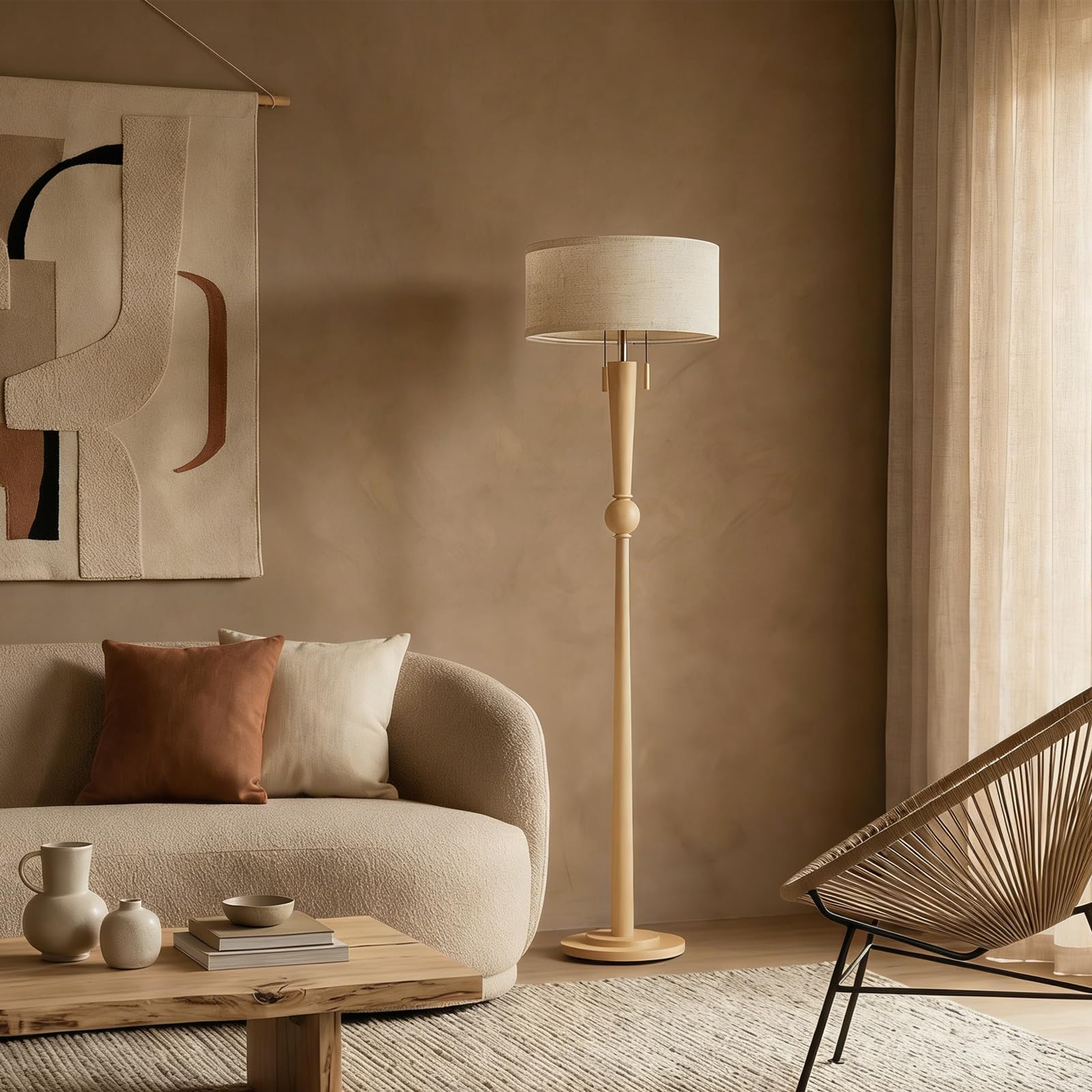MOFFE 62.8" Solid Wood Floor Lamp,Tall Standing Floor Lamp with 2-Light Pull Chain, 17" Linen Drum Shade, Sculptural Wood Base & Stem,Transitional Floor Lamp for Living Room Bedroom, Includes 2 Bulbs