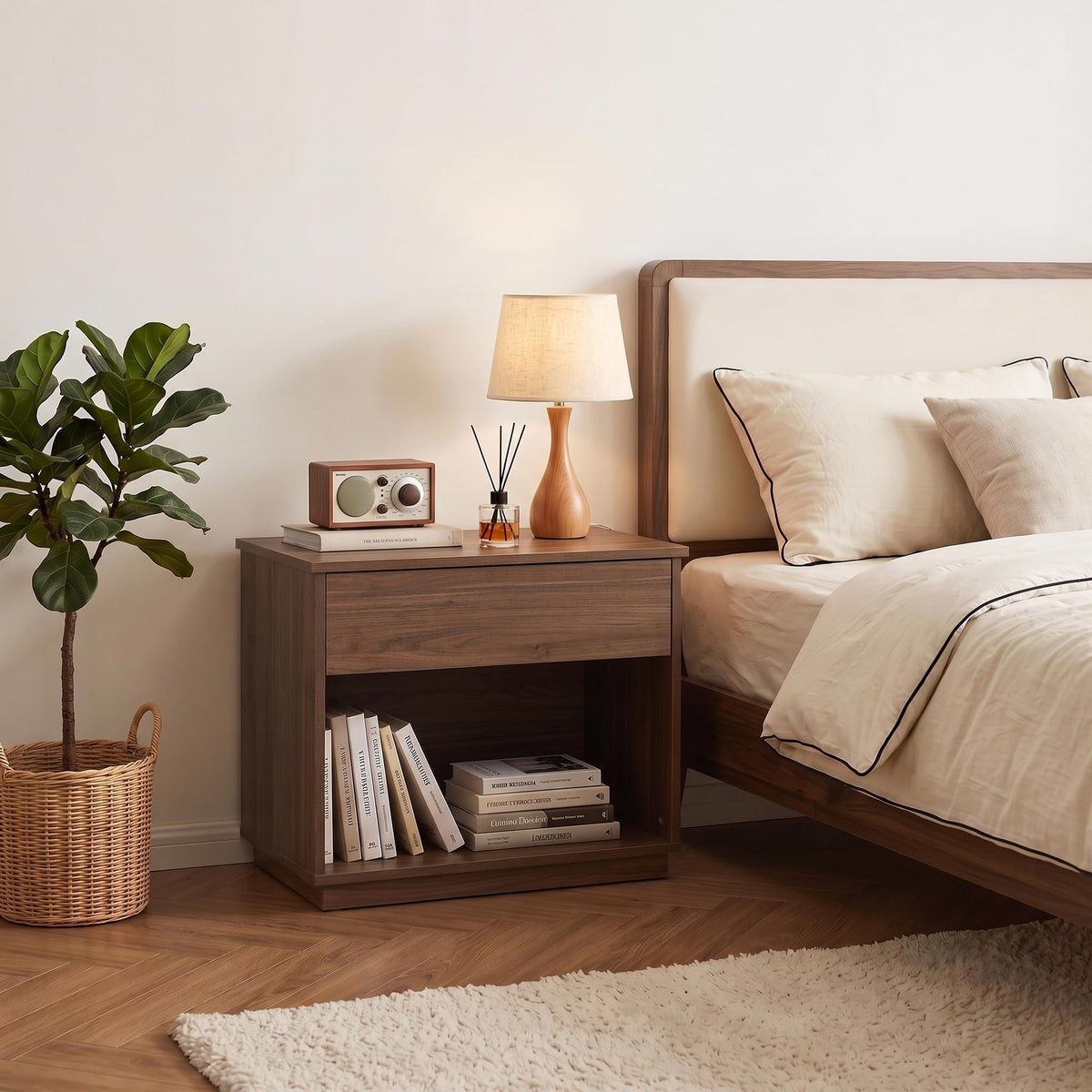 HIPIHOM 31.5" Wide Walnut Nightstand with Drawer and Open Shelf for Bedroom
