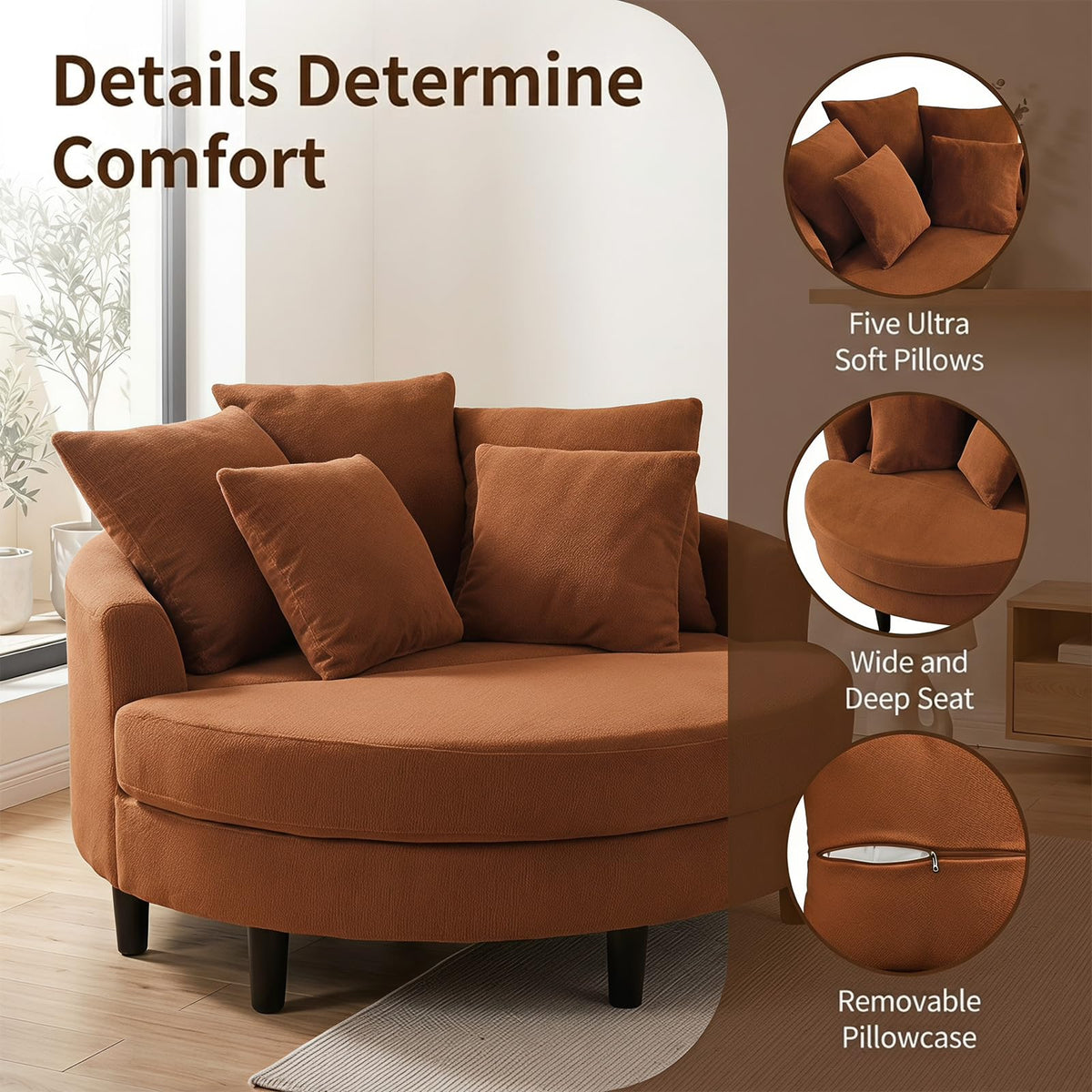 GKUOMEOLE Oversized Accent Barrel Chair Large Round Chair 70.35" Chenille Lounge Chair with Multifunctional Ottoman&5 Throw Pillows Brown