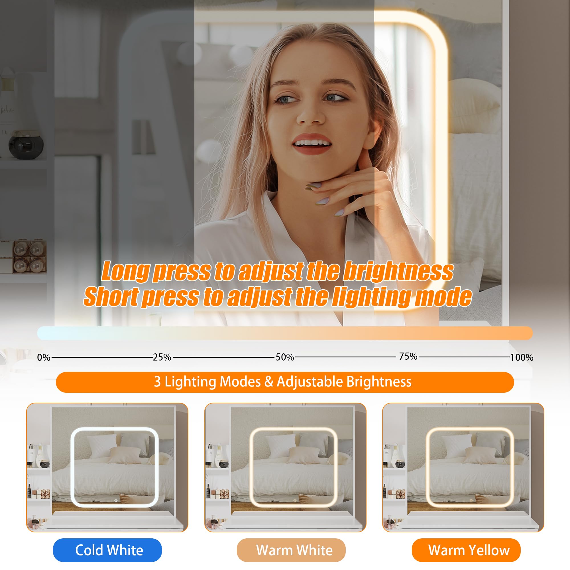 Garvee Vanity Desk with Sliding LED Mirror, Makeup Dressing Table with 4 Drawers, Storage Shelve, Power Outlet & Cushioned Stool, Adjustable 3 Lighting Modes, Modern Vanity Set for Bedroom, White