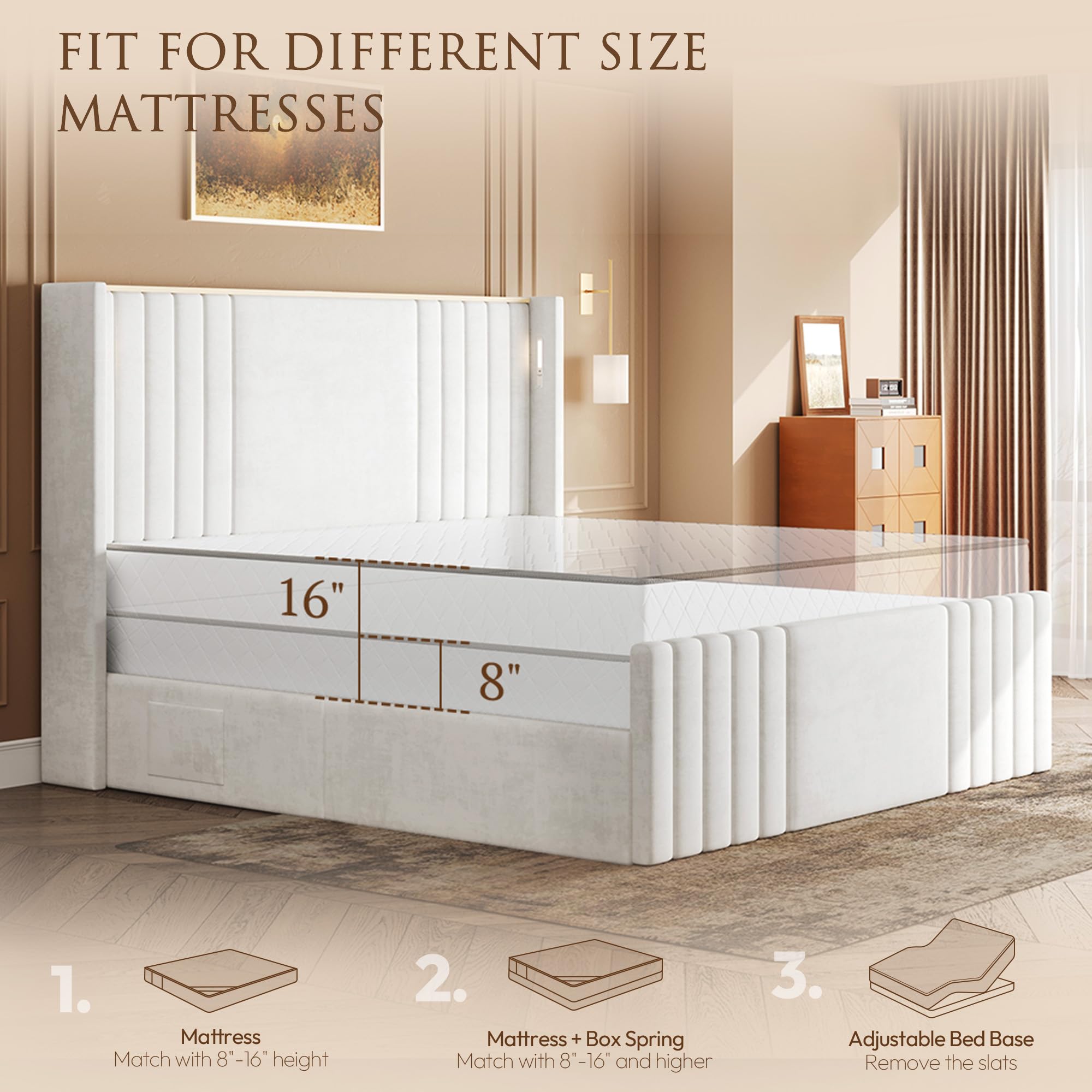 Velvet Wingback Platform Bed Frame with LED Reading Lights