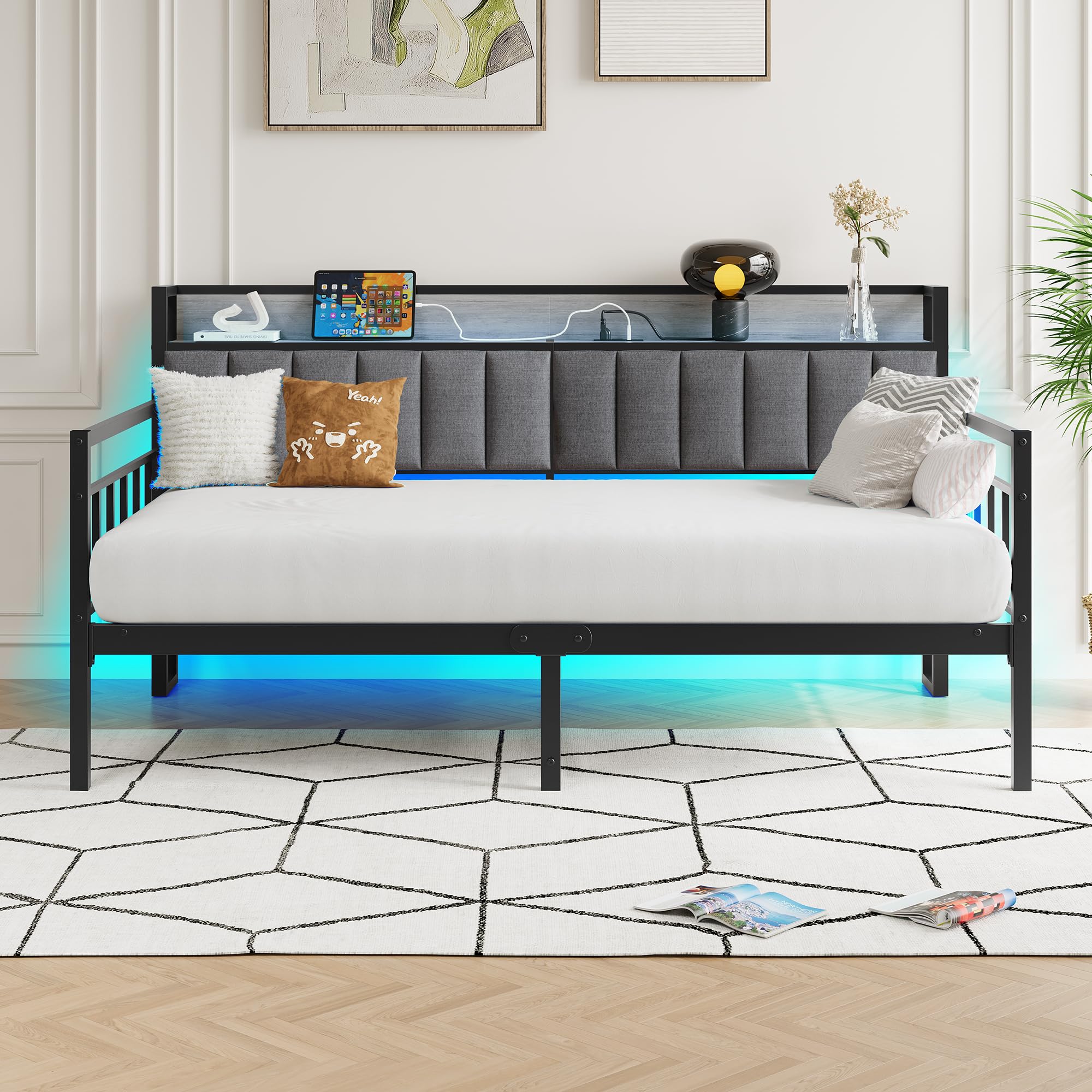 BOFENG Metal Daybed Frame Twin Size with Charging Station,LED Light,Metal Twin Bed Frame with Upholstered Headboard with Strong Steel Slats for Living Room,Bedroom and Guest Room