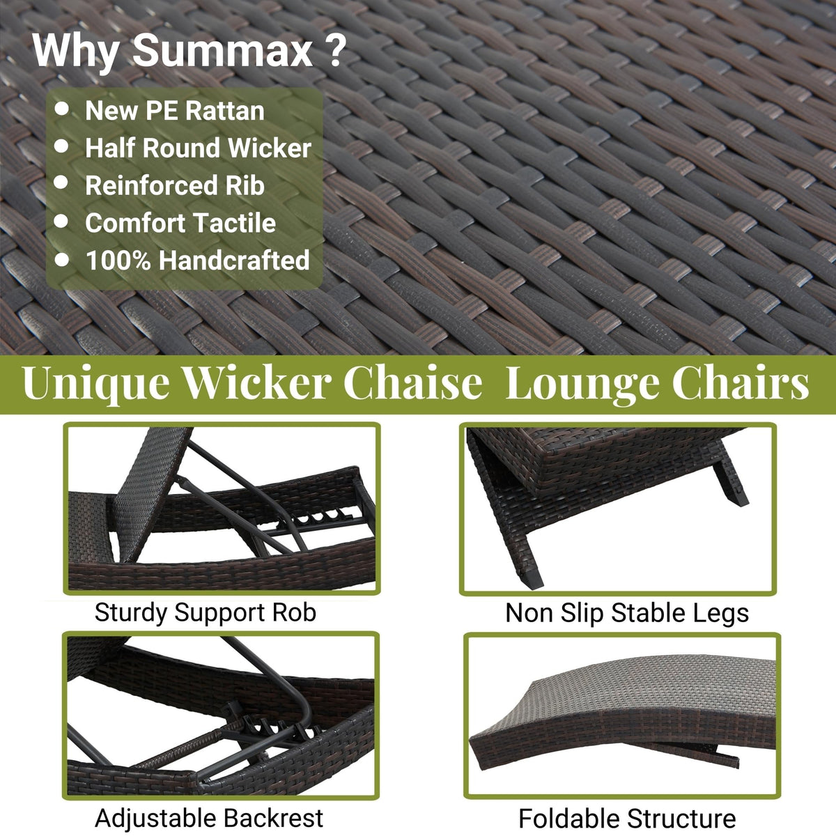 Summax 79'' Long Reclining Chair Set of 4 with Cushions, Outdoor Chaise Lounge Set, Rattan Chaise Lawn Sunbathing Chairs, PE Wicker Reclining Lounge Chair for Backyard Poolside Beach, Dark Brown