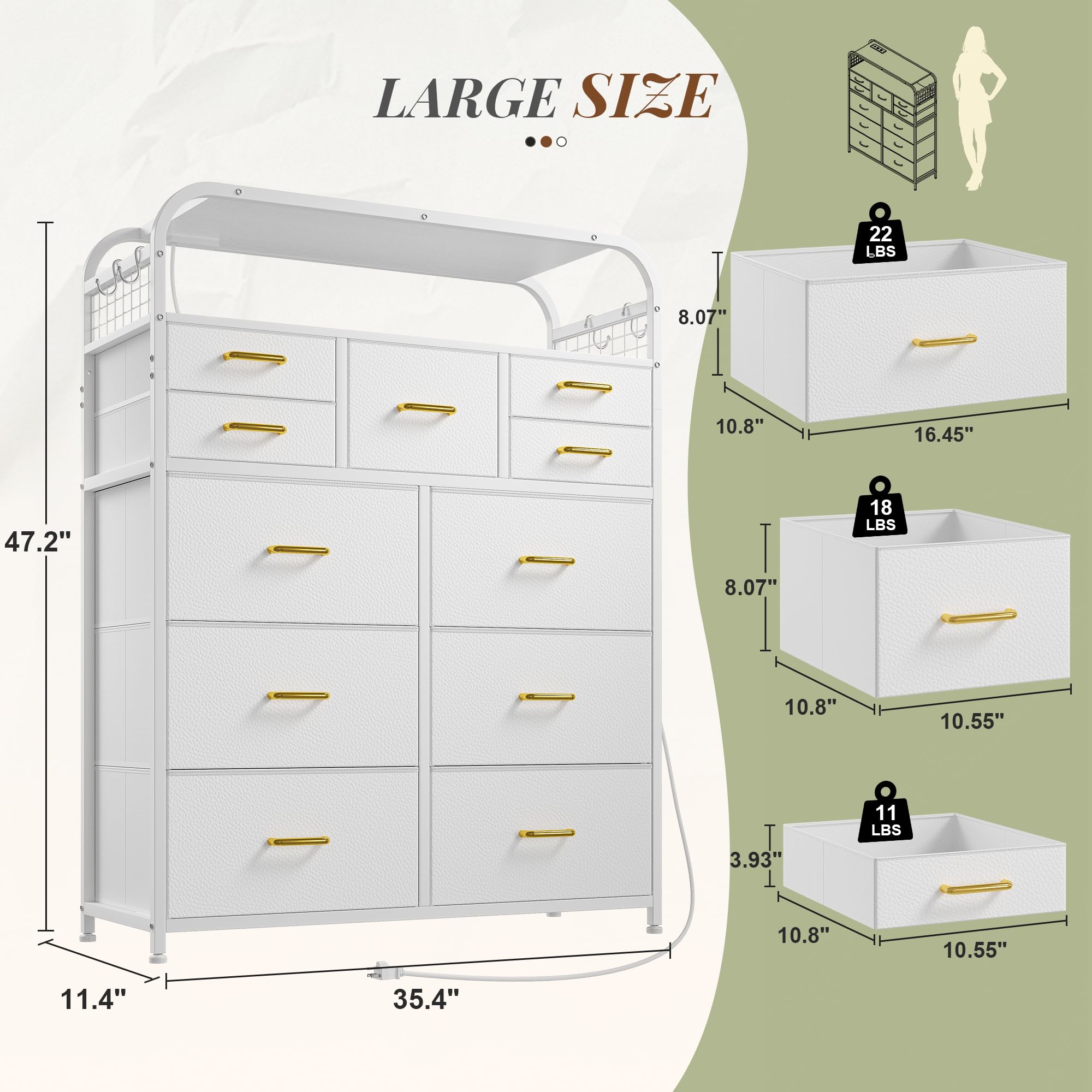 EnHomee 47" H Dressers & Chests of Drawers with LED Lights & Charging Station, Dresser for Bedroom with 11 Fabric Drawers & 4 Hooks & Open Shelves, Entryway, Hallway, Dorm White