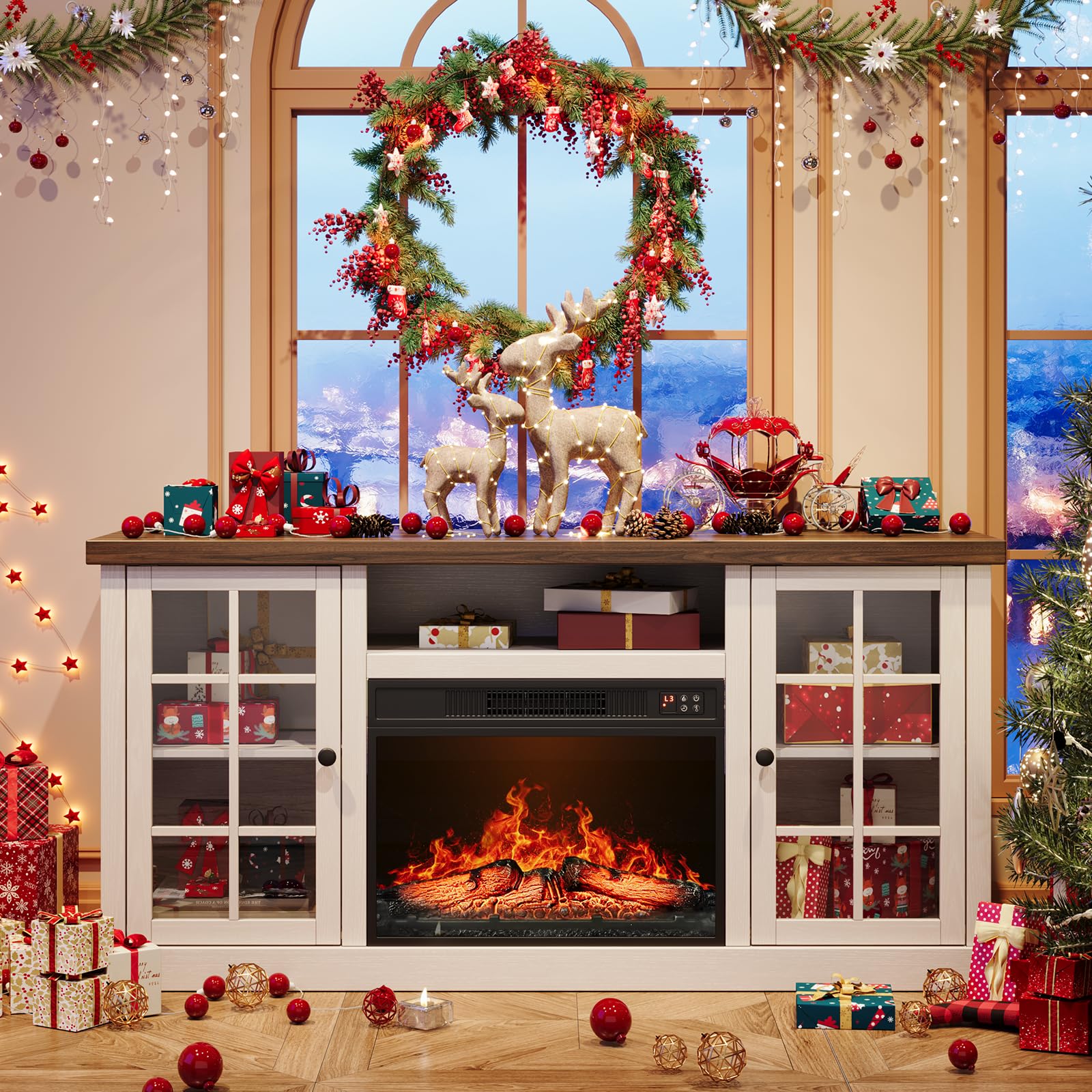 59" Fireplace TV Stand with Electric Fireplace & Glass Doors