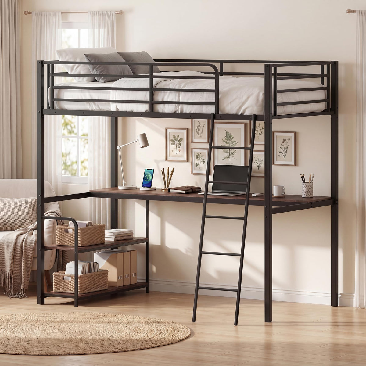 GIANTEX Twin Loft Bed with Desk & Charging Station, Industrial Metal Bed Frame w/Inclined Ladder, Safety Guardrail & Storage Shelves for Kids, Teens, Bedroom, Dorm, Space-Saving, No Box Spring Needed