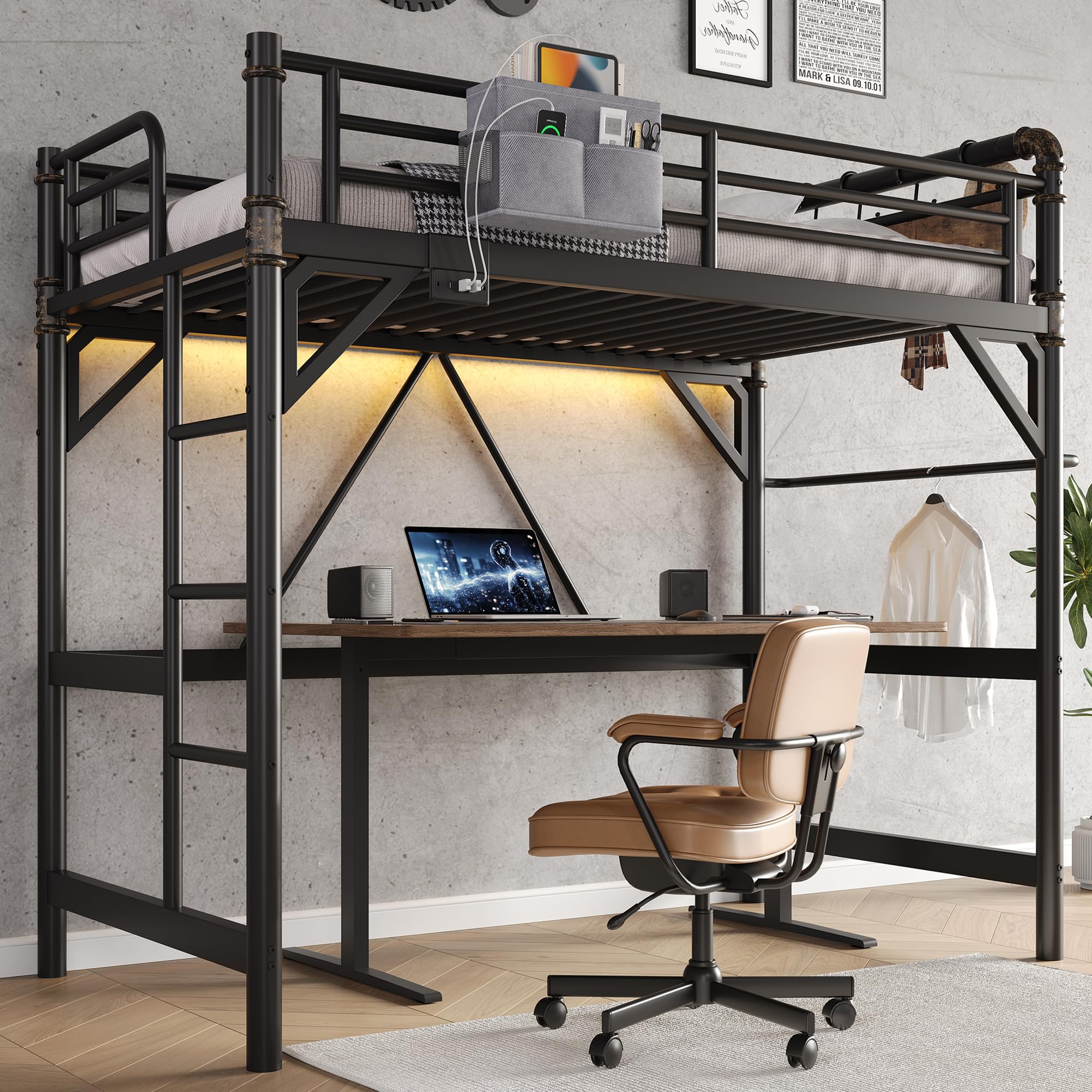 Twin Loft Bed with RGB LED Lights & Charging Station