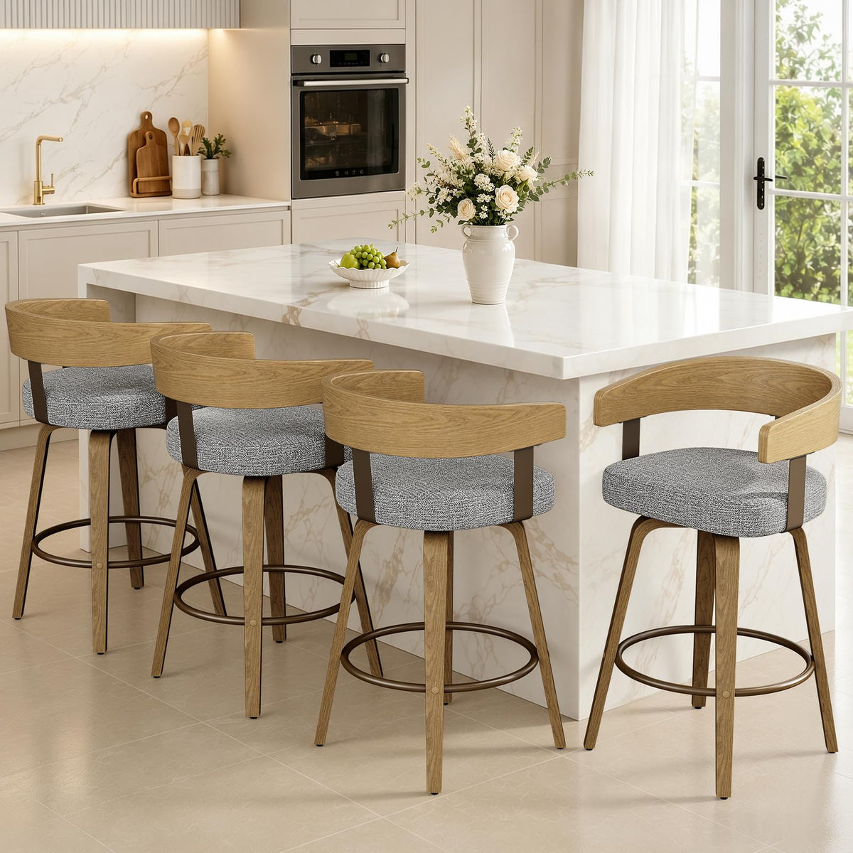 REONEY Swivel Bar Stools Set of 2, 26" Counter Height Barstools, Grey Linen