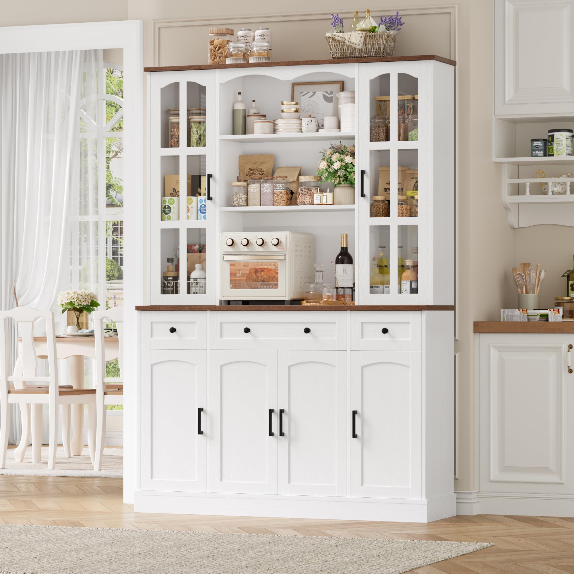 Tall Pantry Cabinet with Glass Doors & Microwave Stand