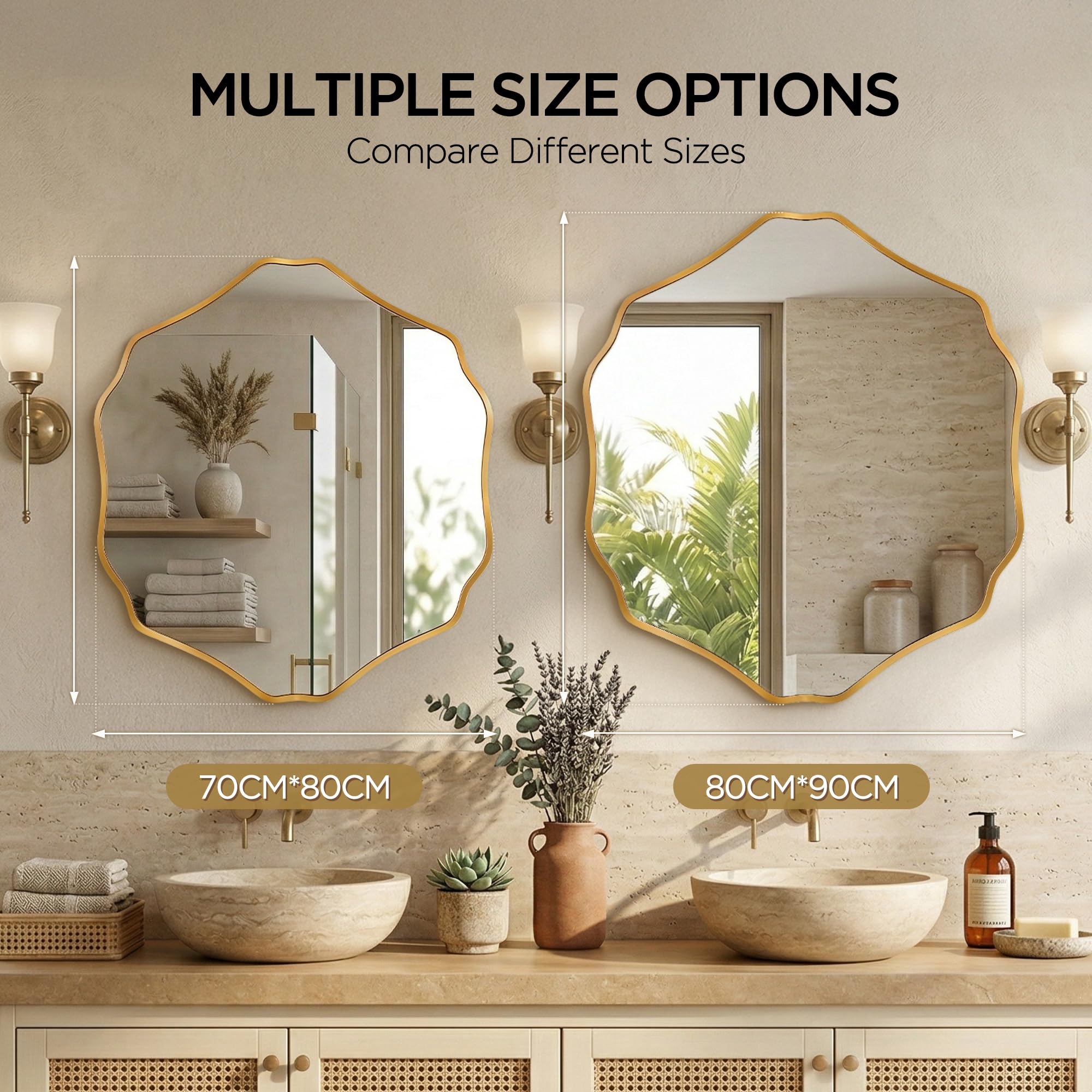Hexagonal Wall Mirror with Wavy Edge & Brushed Gold Frame