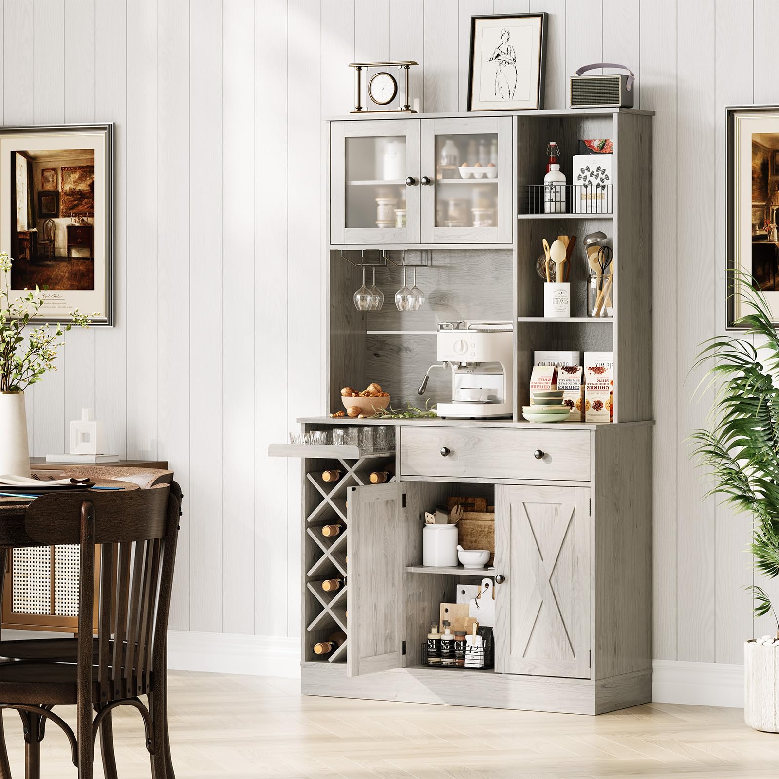 GarveeLife Tall Wine & Coffee Bar Cabinet – Modern Sideboard Buffet, Barn Doors, Storage Hutch, Power Outlets, Glass Holder, Wine Rack – for Dining Room, Kitchen, or Living Room – Grey