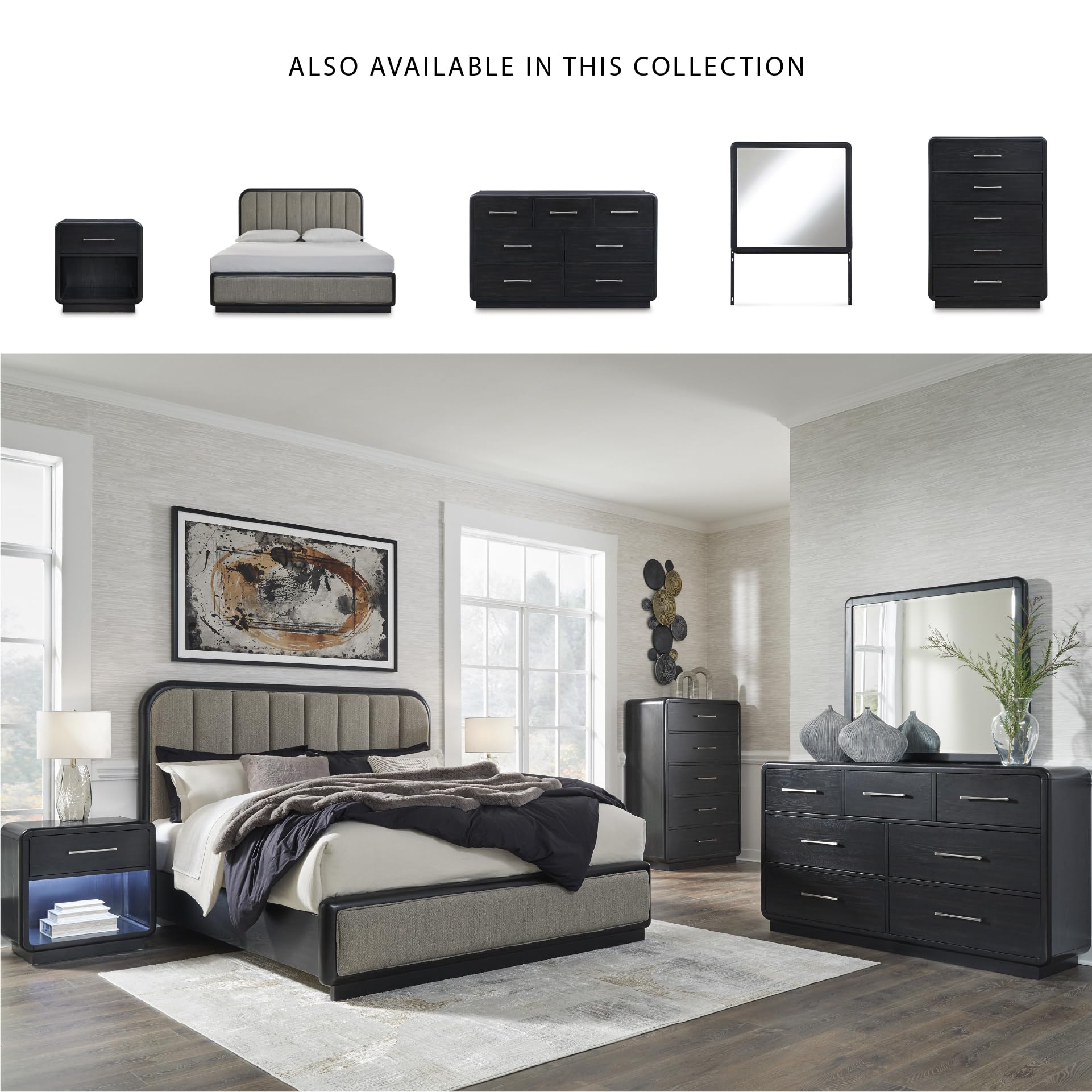 Signature Design by Ashley Rowanbeck Modern 5 Drawer Chest with Felt-Lined Top Drawer and Safety Stop, Black
