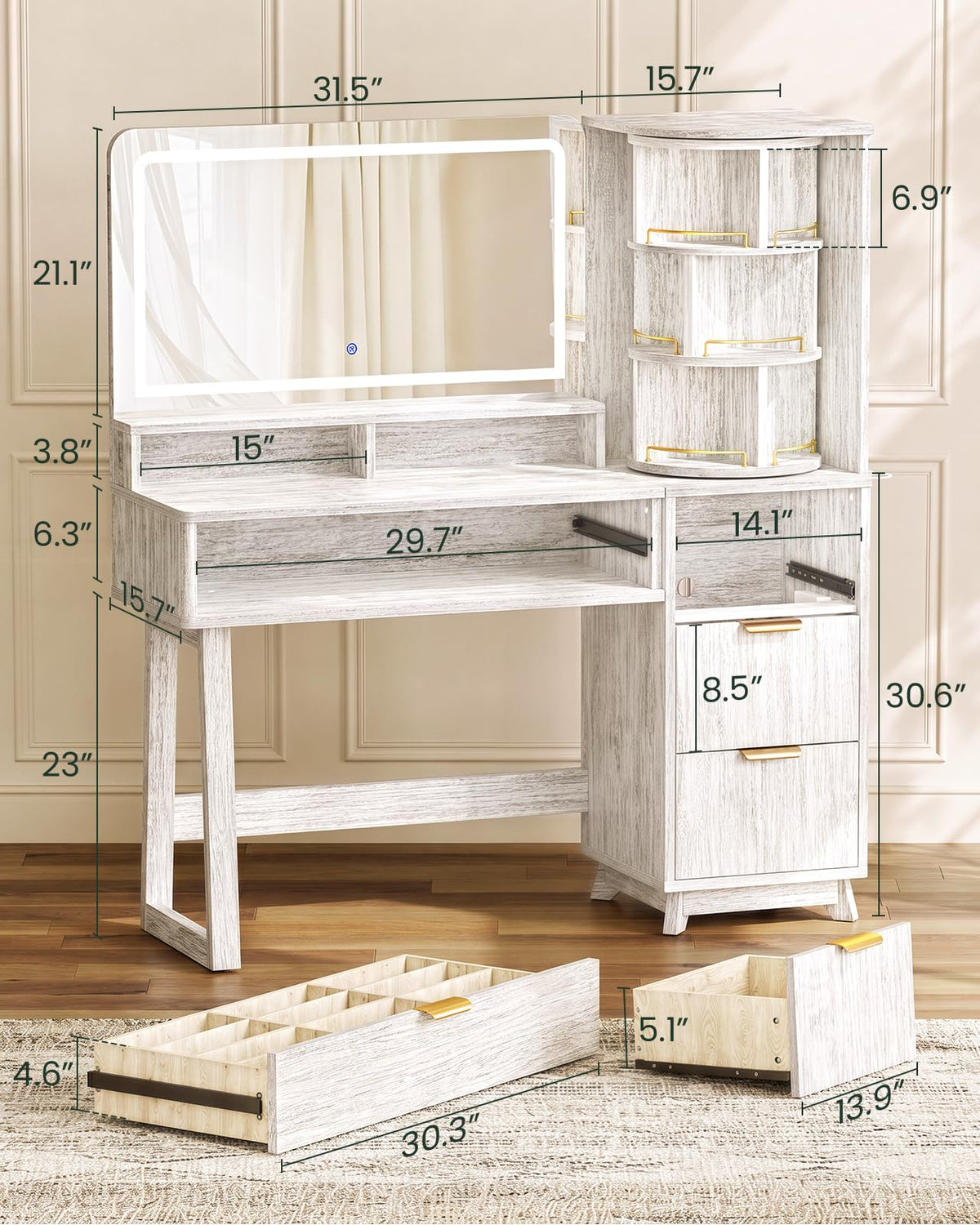 47" Makeup Vanity Desk with LED light and mirror, Retro white vanity table
