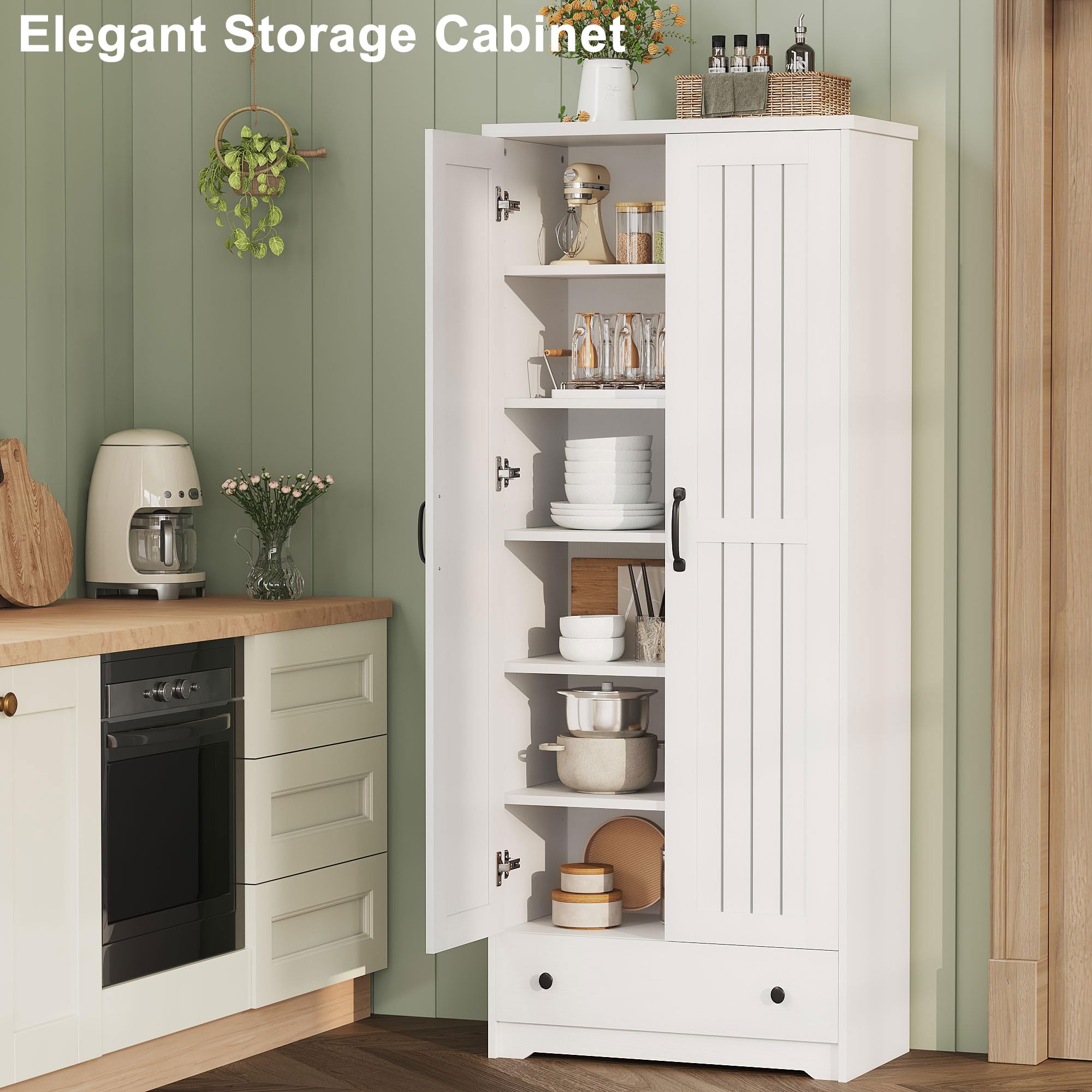 Decofy 70" Tall Storage Cabinets, Large Wood Storage Pantry Cabinet with 6 Adjustable Shelves, 2 Striped Doors & Drawer, Standing Utility Cabinet for Kitchen, Bathroom, Dining Room, Antique (White)